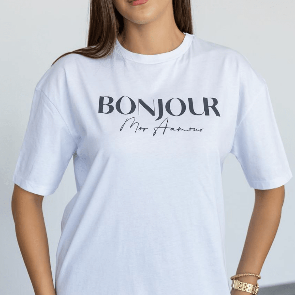 100% Pamuklu T-shirt Bisiklet yaka Baskılı-Relaxed Fit-Bonjour baskılı - Beyaz