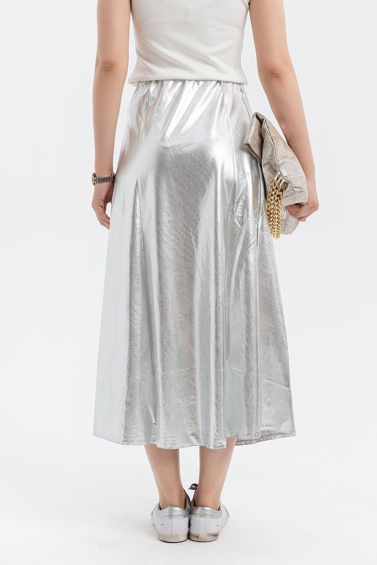 Silver Metalik Trendy Maxi Etek-Beli lastikli