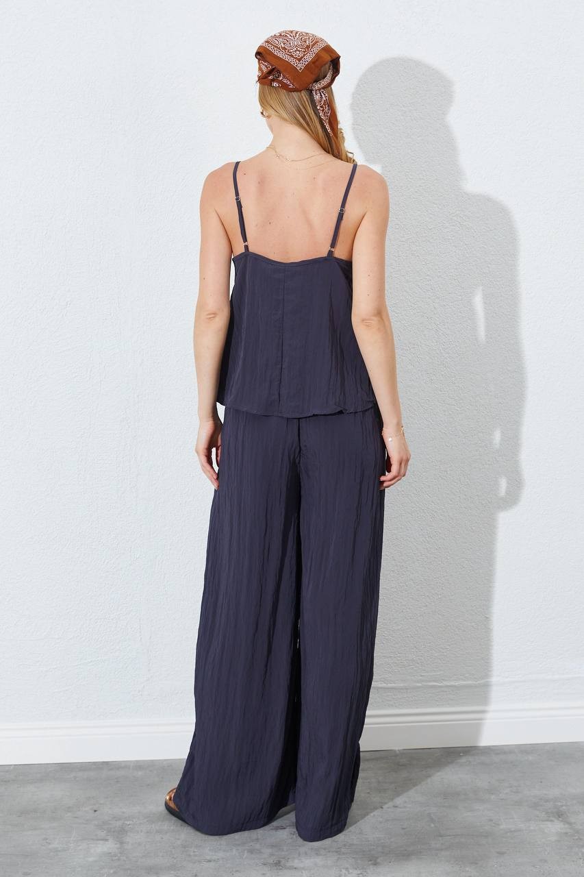 İnce Askılı Bluz-Pantolon Takım Kırışık Relaxed Fit