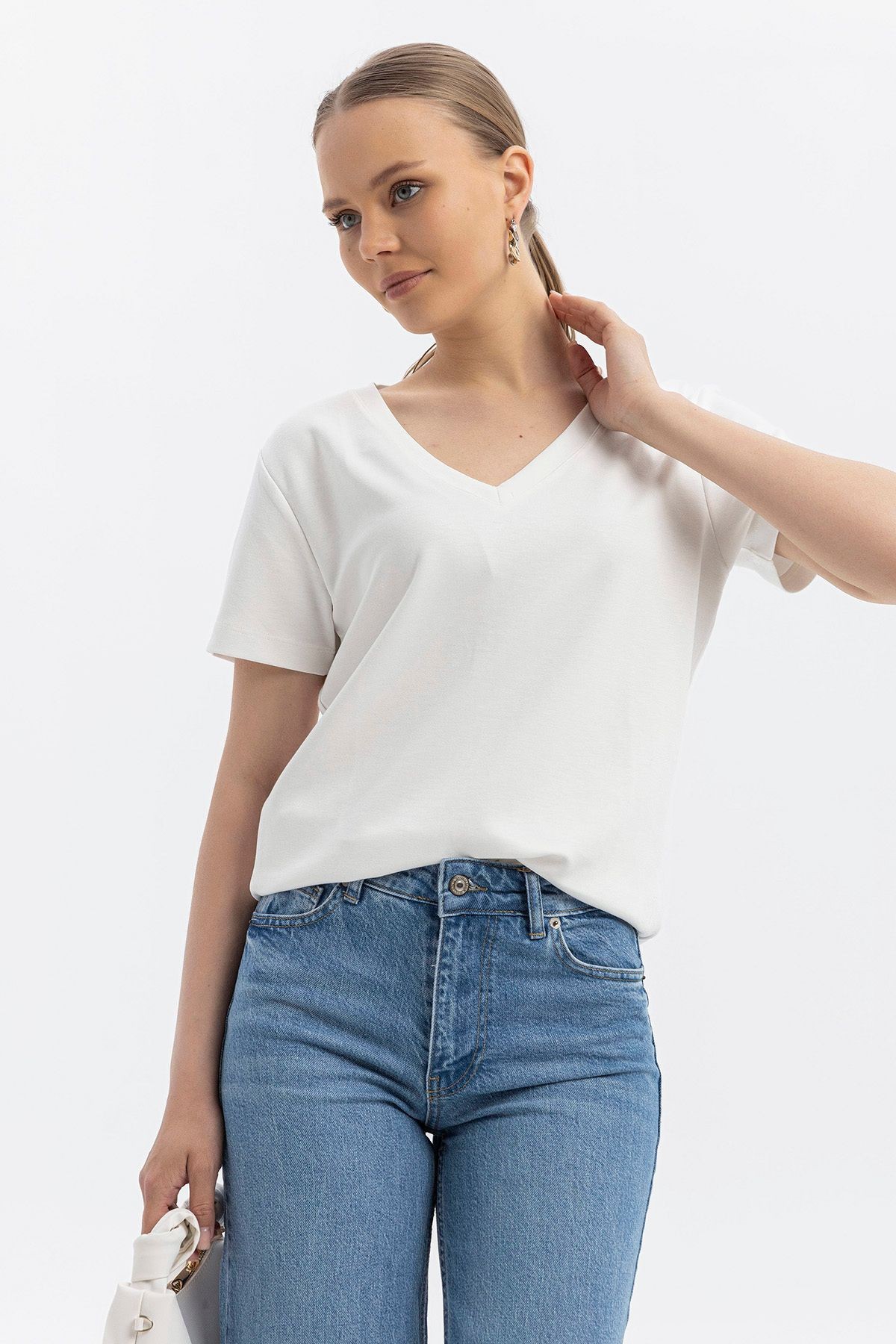 V yaka Cloudtouch yumuşak Basic Kısakol T-shirt
