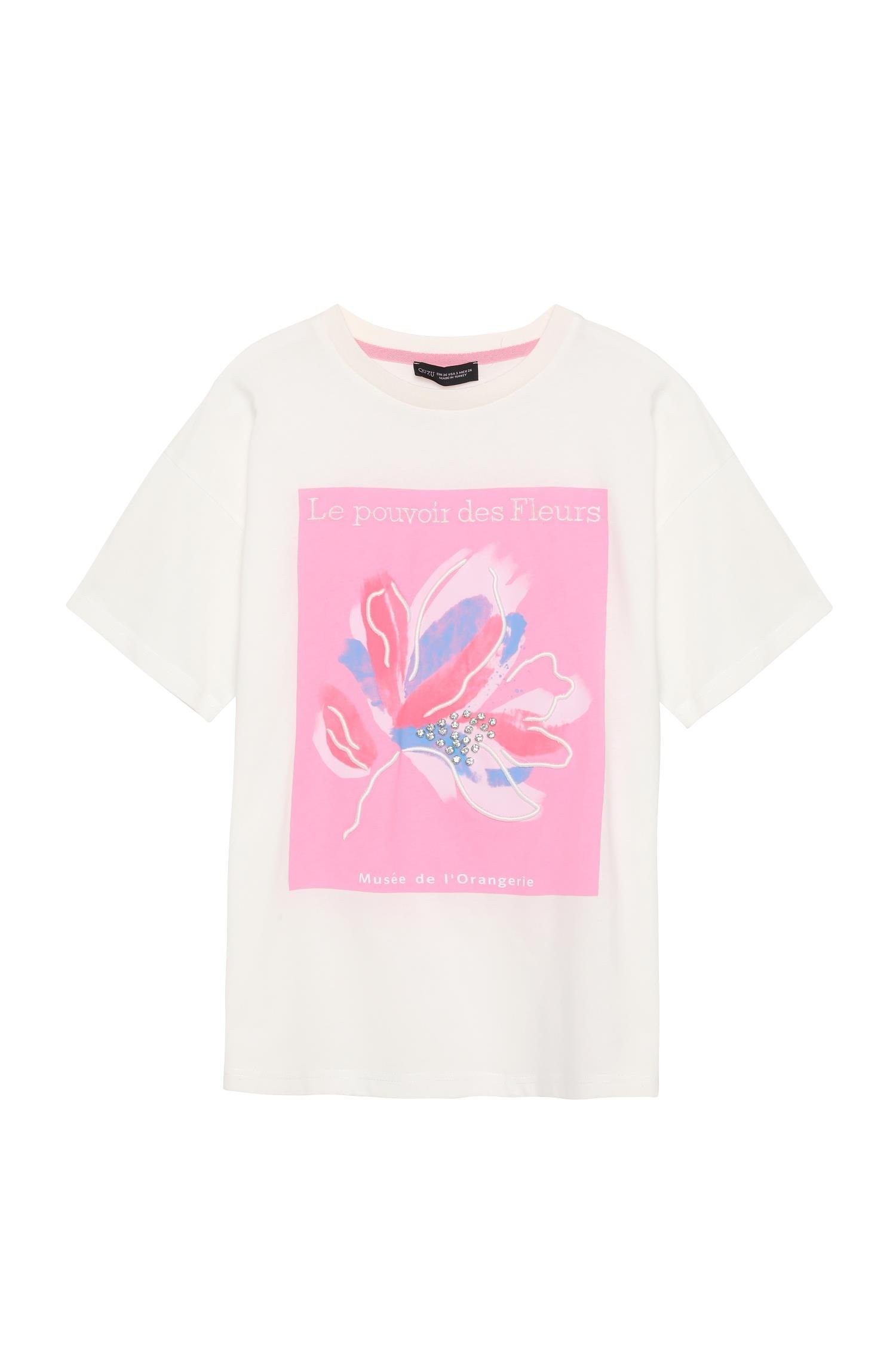 100% Pamuklu T-shirt Bisiklet yaka Flower Baskılı Taş süslemeli