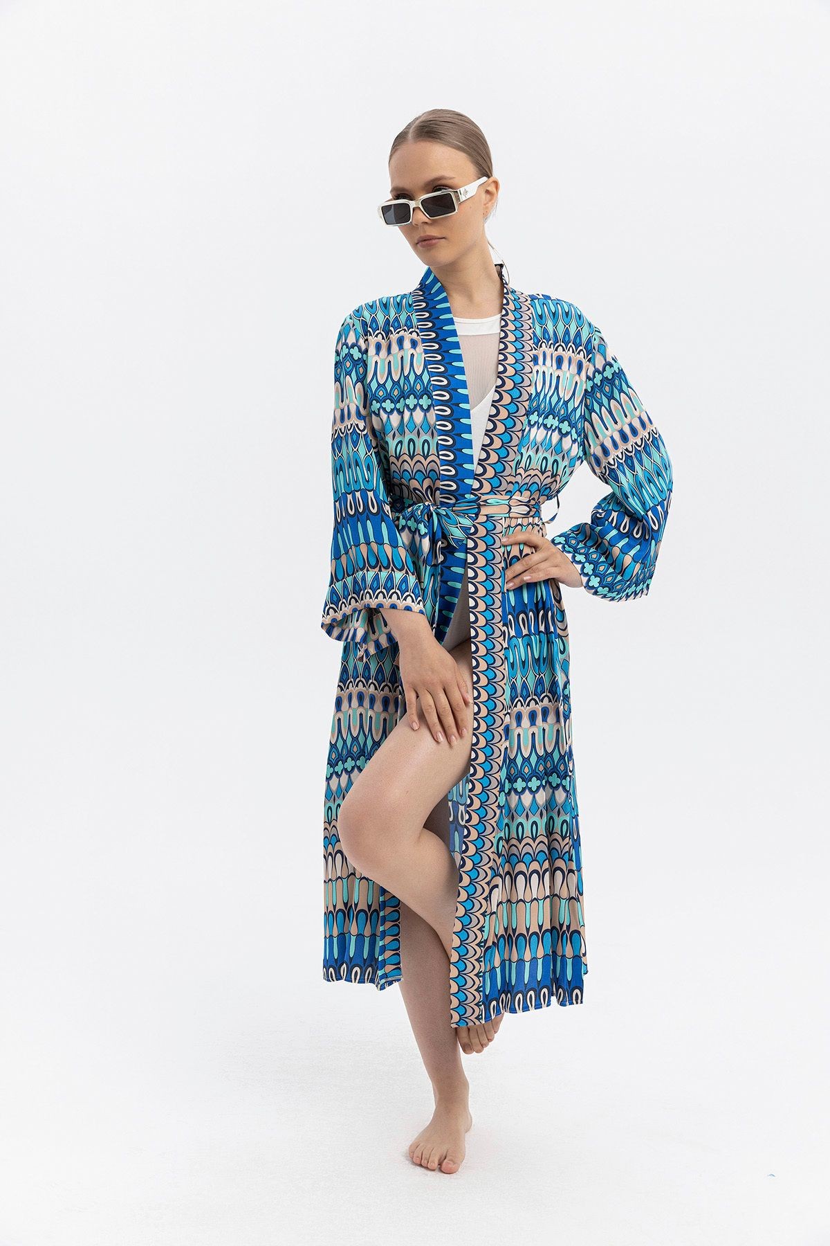 %100 Viskon Desenli Saten Premium Kimono – Kuşaklı & Uzun