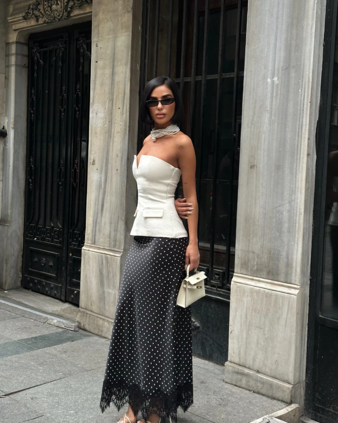 Puantiyeli Polka Dots Dantel Detaylı Saten Uzun Etek - siyah