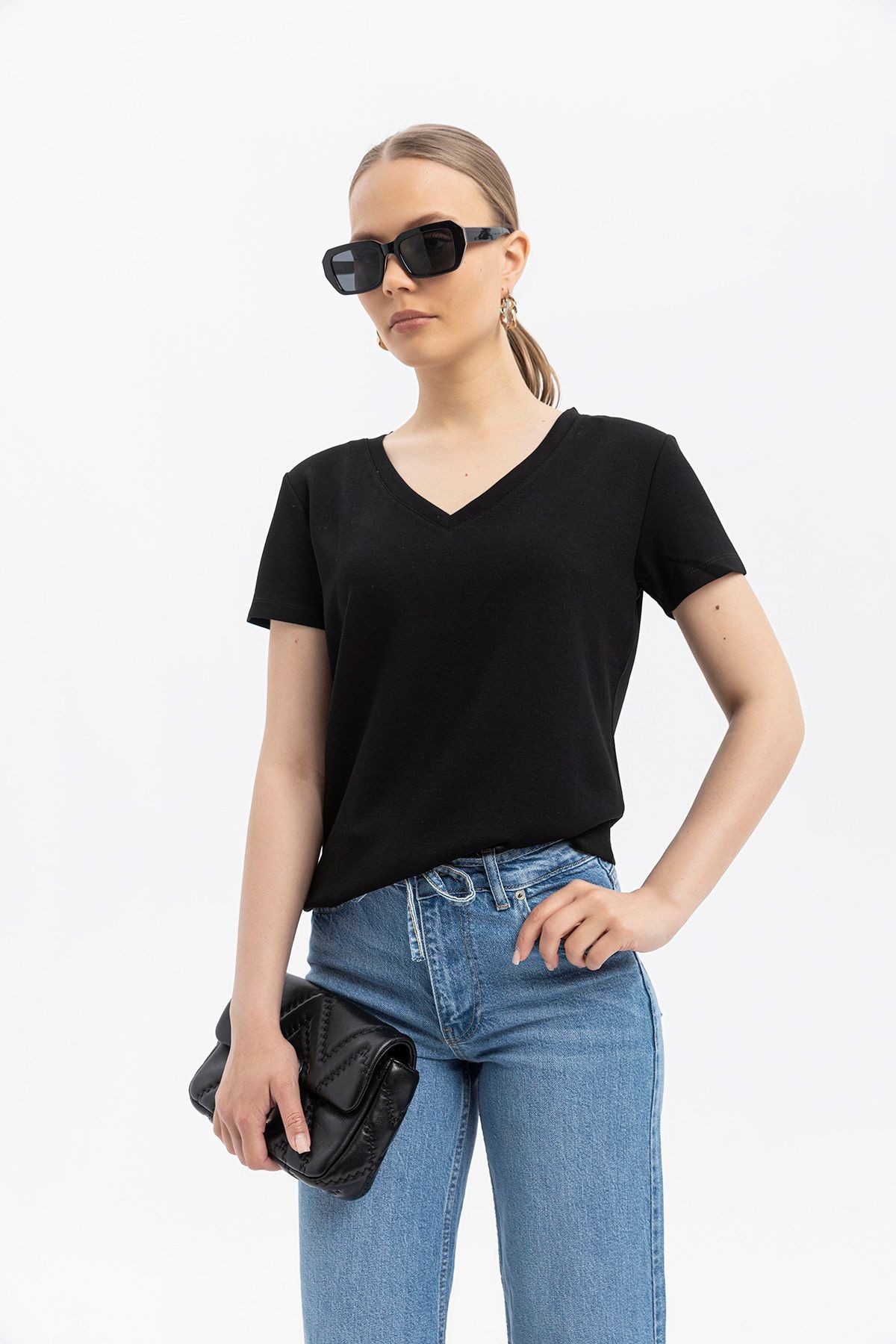 V yaka Cloudtouch yumuşak Basic Kısakol T-shirt - siyah