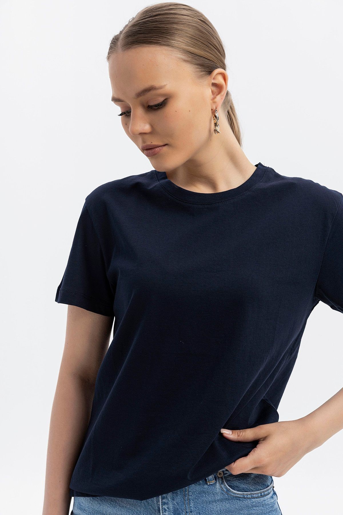 Bisiklet yaka Pamuklu normal fit Basic Kısakol T-shirt LACİVERT - lacivert