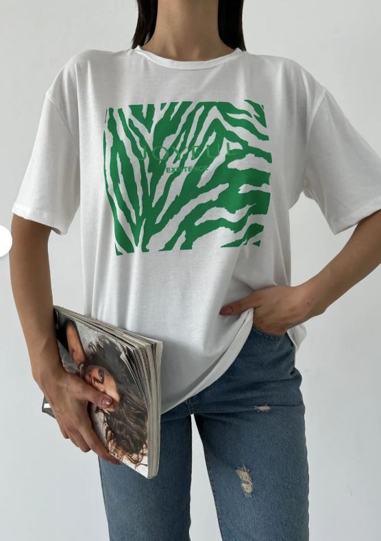 100% Pamuklu T-shirt Bisiklet yaka Baskılı-Relaxed Fit Yeşil Joyful baskılı - Beyaz