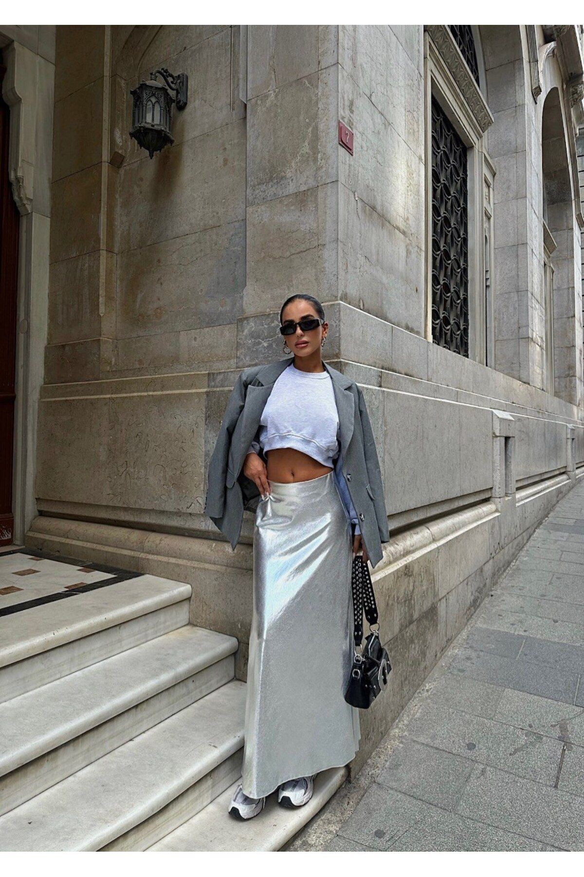 Silver Metalik Trendy Maxi Etek-Beli lastikli