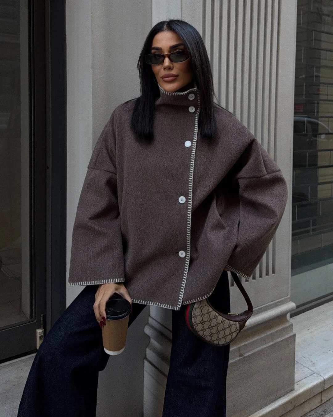 Dik Yaka Kaşe Ceket Dikiş Detaylı  - Kahverengi