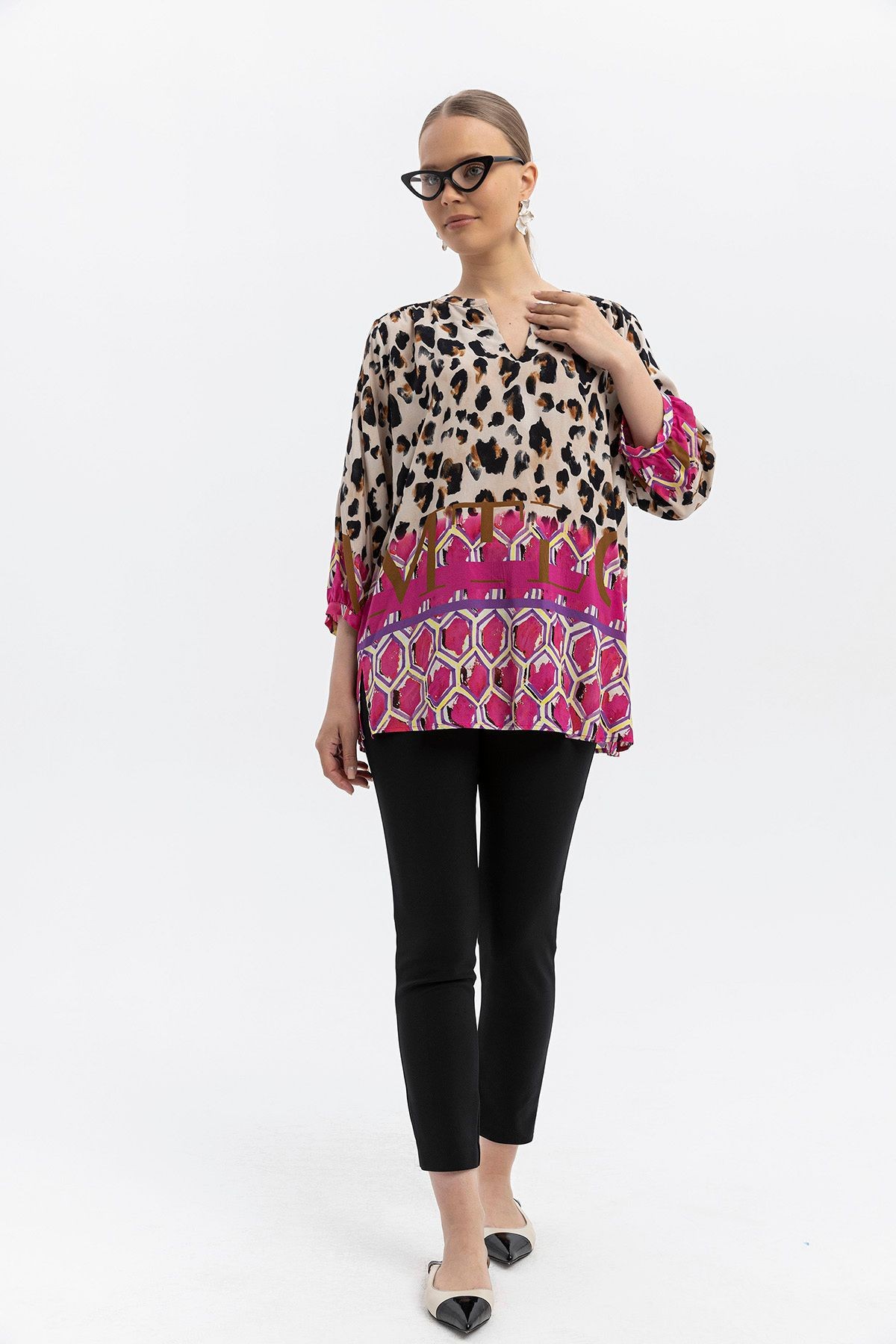 %100 Viskon Desen Geçişli Oversize Bluz – Leopar & Geometrik Desen