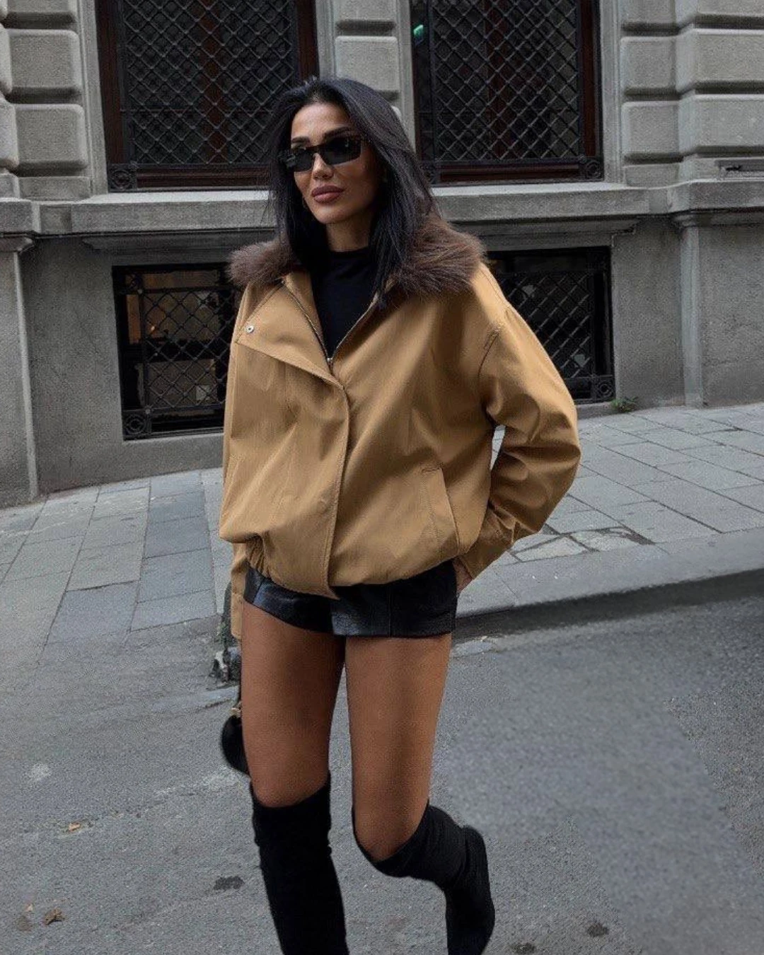 Yakası Kürklü Parka Bomber Ceket - Bej