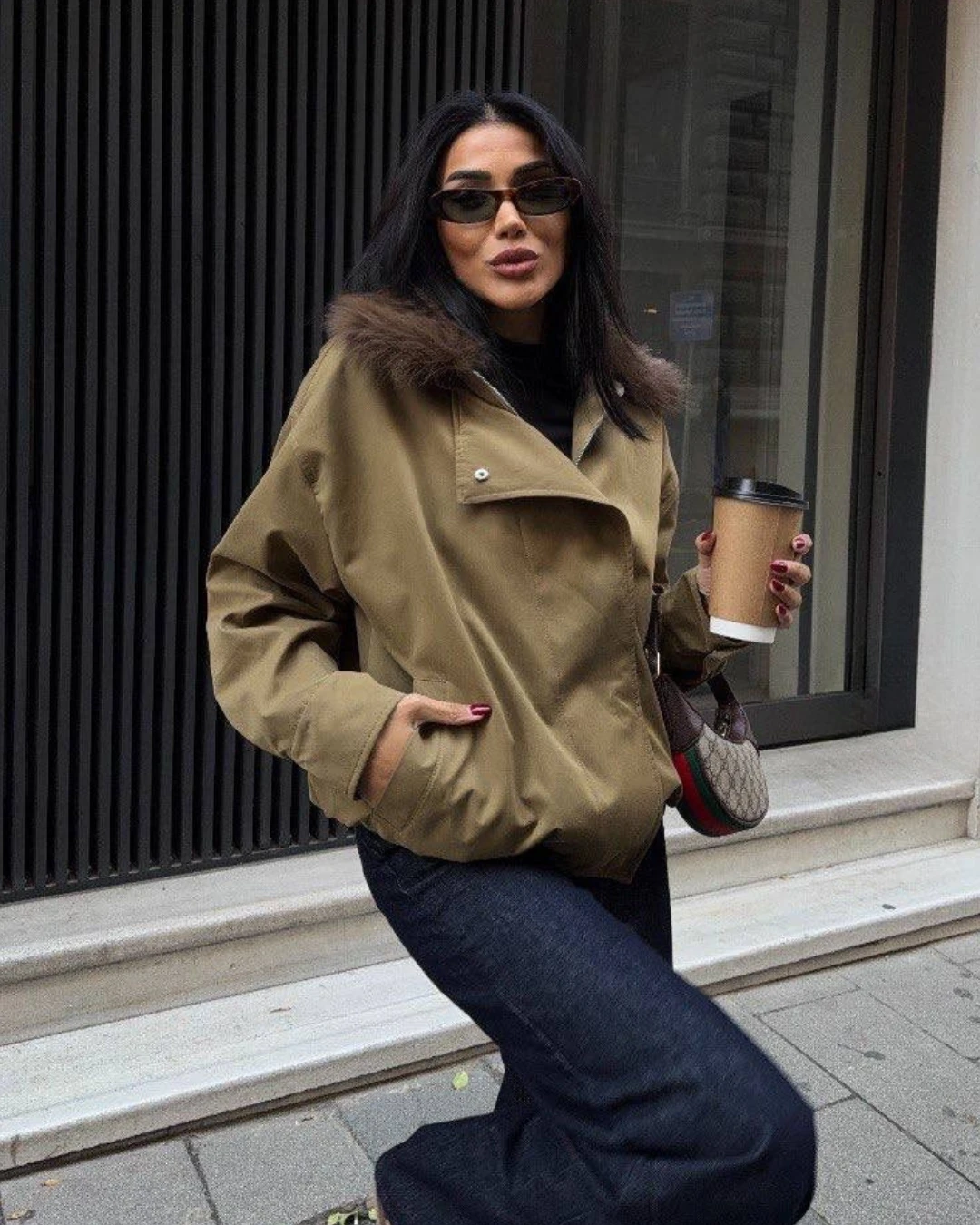 Yakası Kürklü Parka Bomber Ceket - Haki