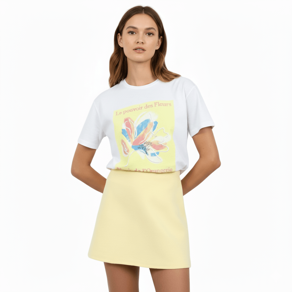 100% Pamuklu T-shirt Bisiklet yaka Flower Baskılı Taş süslemeli - Sarı