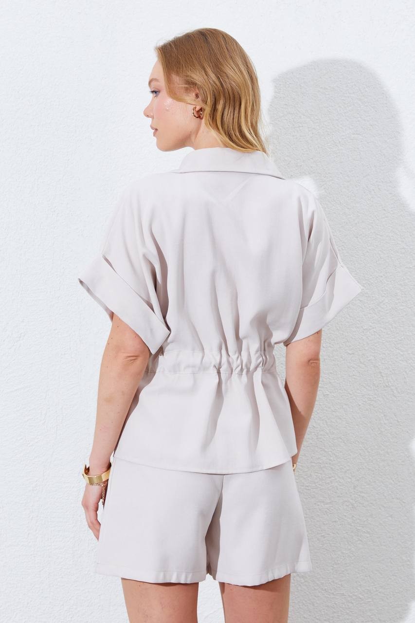 Gabardin Bluz - Ceket-Duble Kol Çift Kuşaklı Fermuarlı - Bej