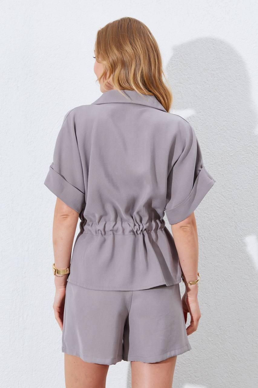 Gabardin Bluz - Ceket-Duble Kol Çift Kuşaklı Fermuarlı - vizon