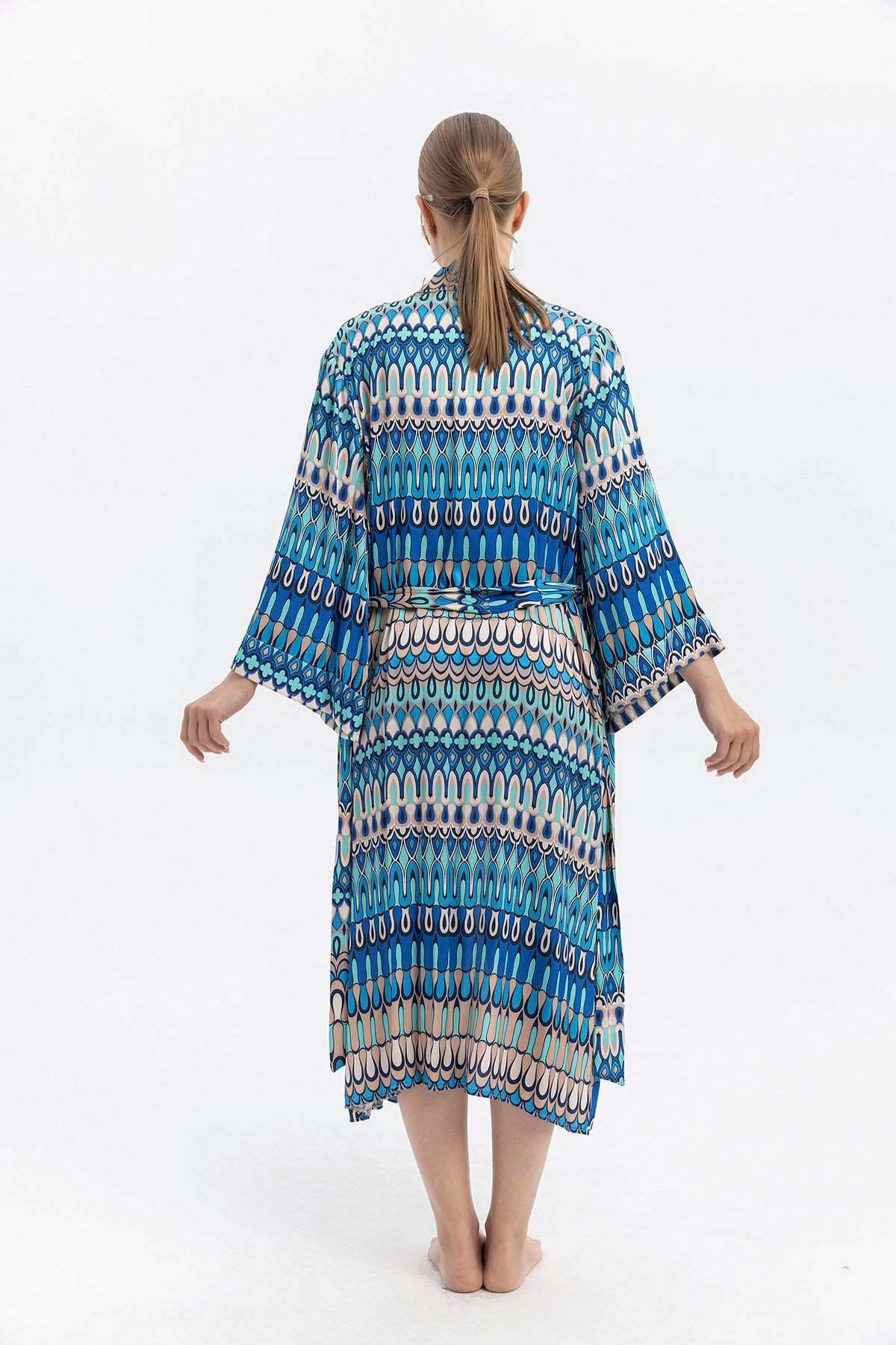 %100 Viskon Desenli Saten Premium Kimono – Kuşaklı & Uzun