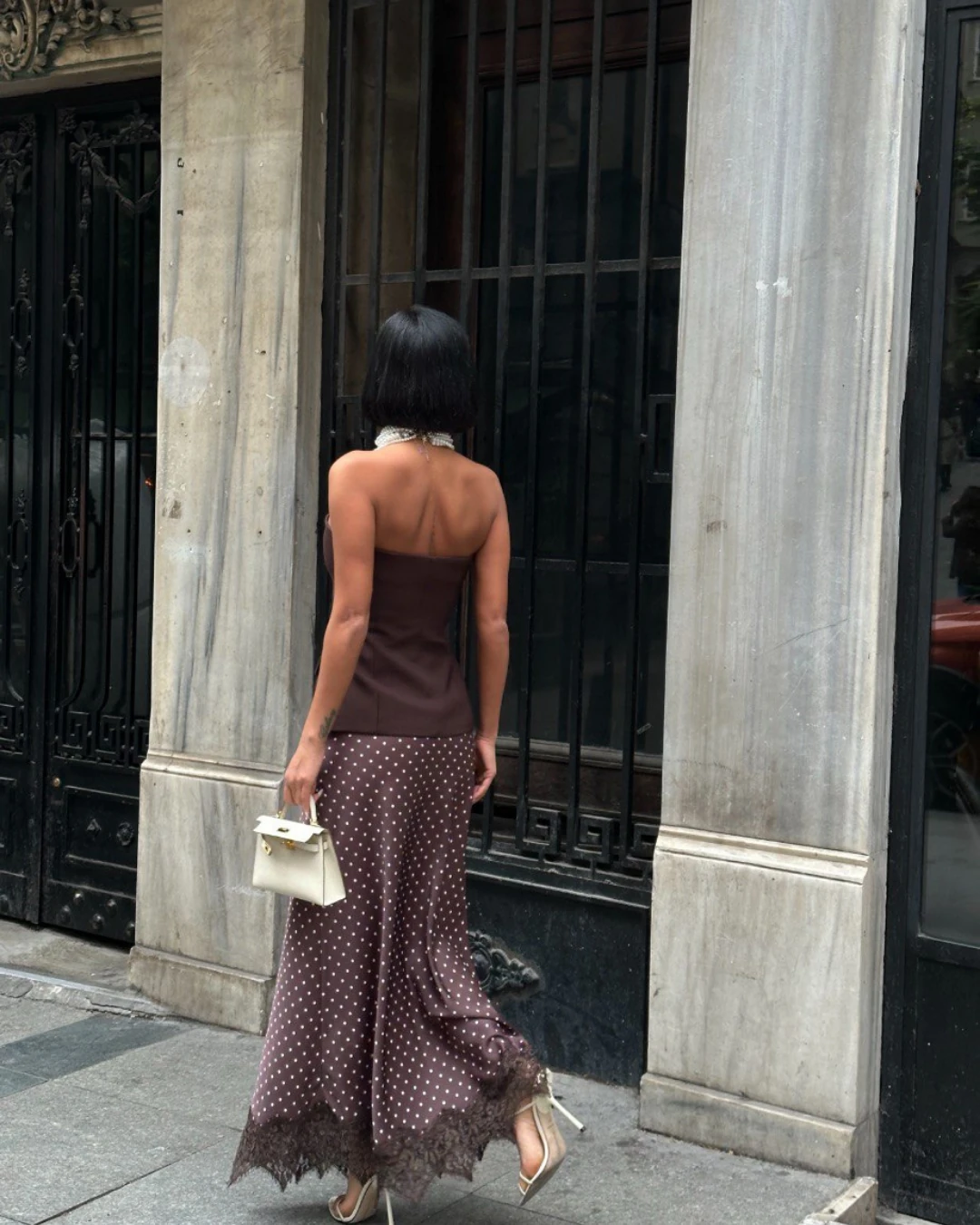 Puantiyeli Polka Dots Dantel Detaylı Saten Uzun Etek - Kahverengi