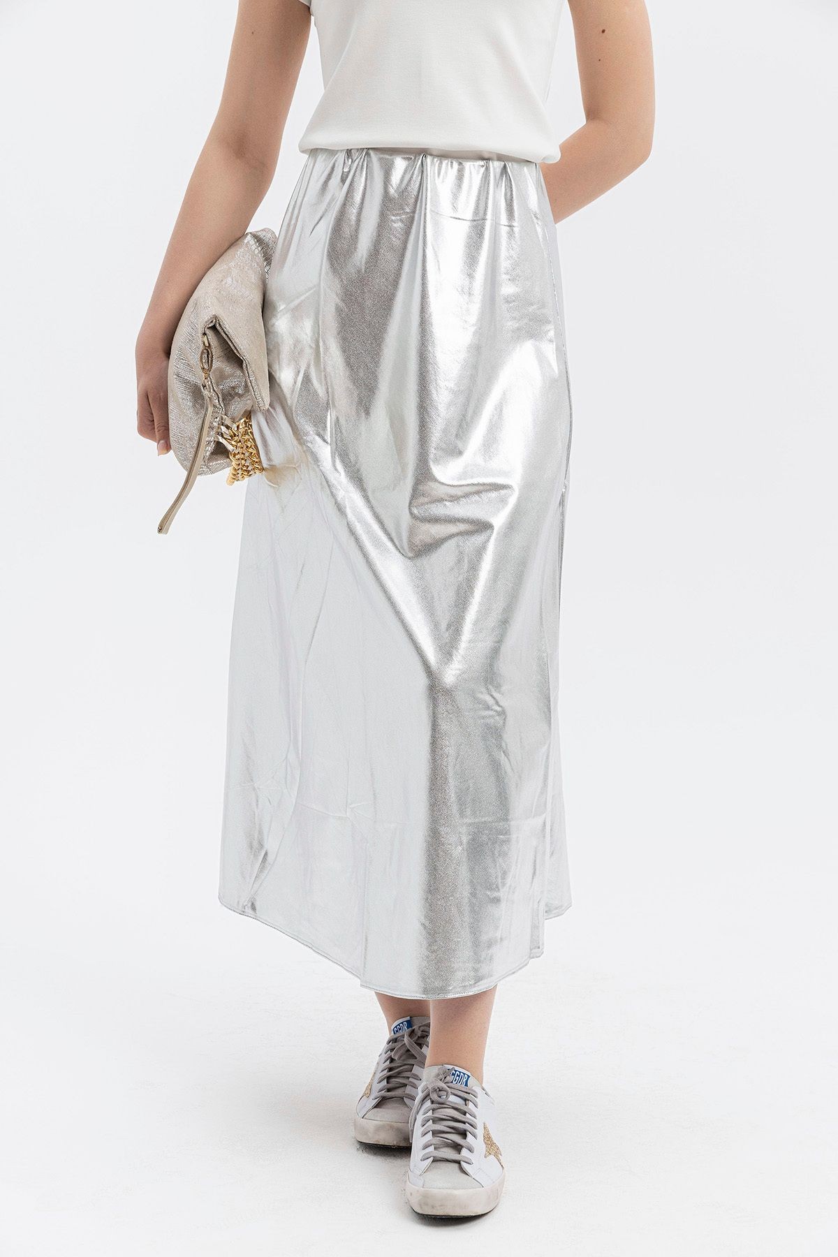 Silver Metalik Trendy Maxi Etek-Beli lastikli