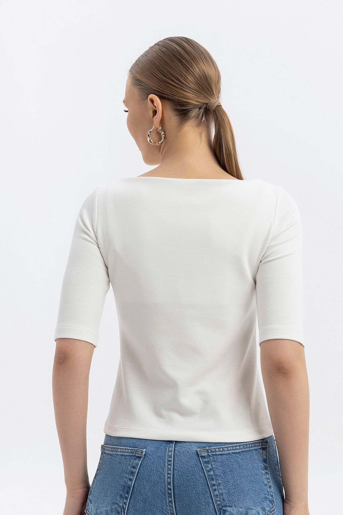 Kayık yaka Cloudtouch yumuşak Basic dar Kısakol T-shirt