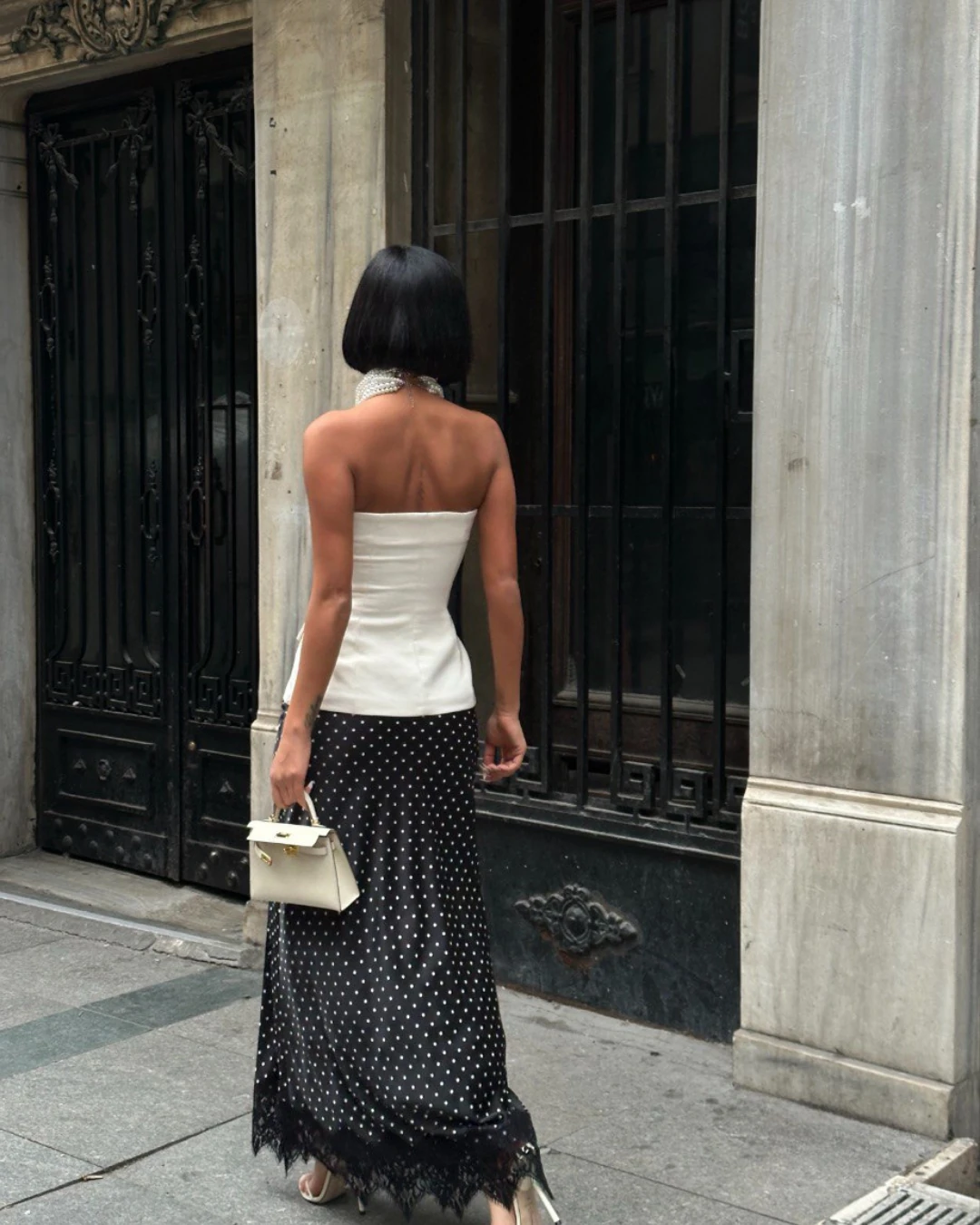 Puantiyeli Polka Dots Dantel Detaylı Saten Uzun Etek