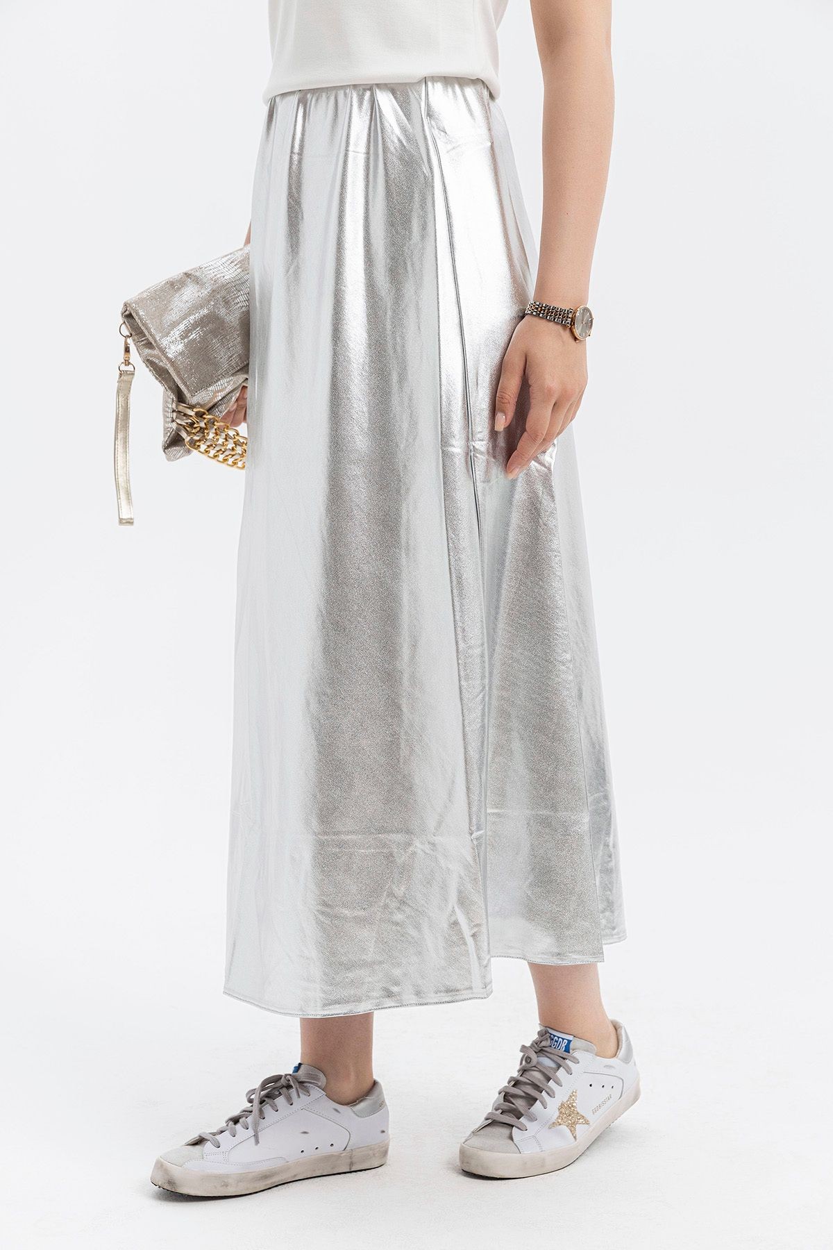 Silver Metalik Trendy Maxi Etek-Beli lastikli - metalik-silver