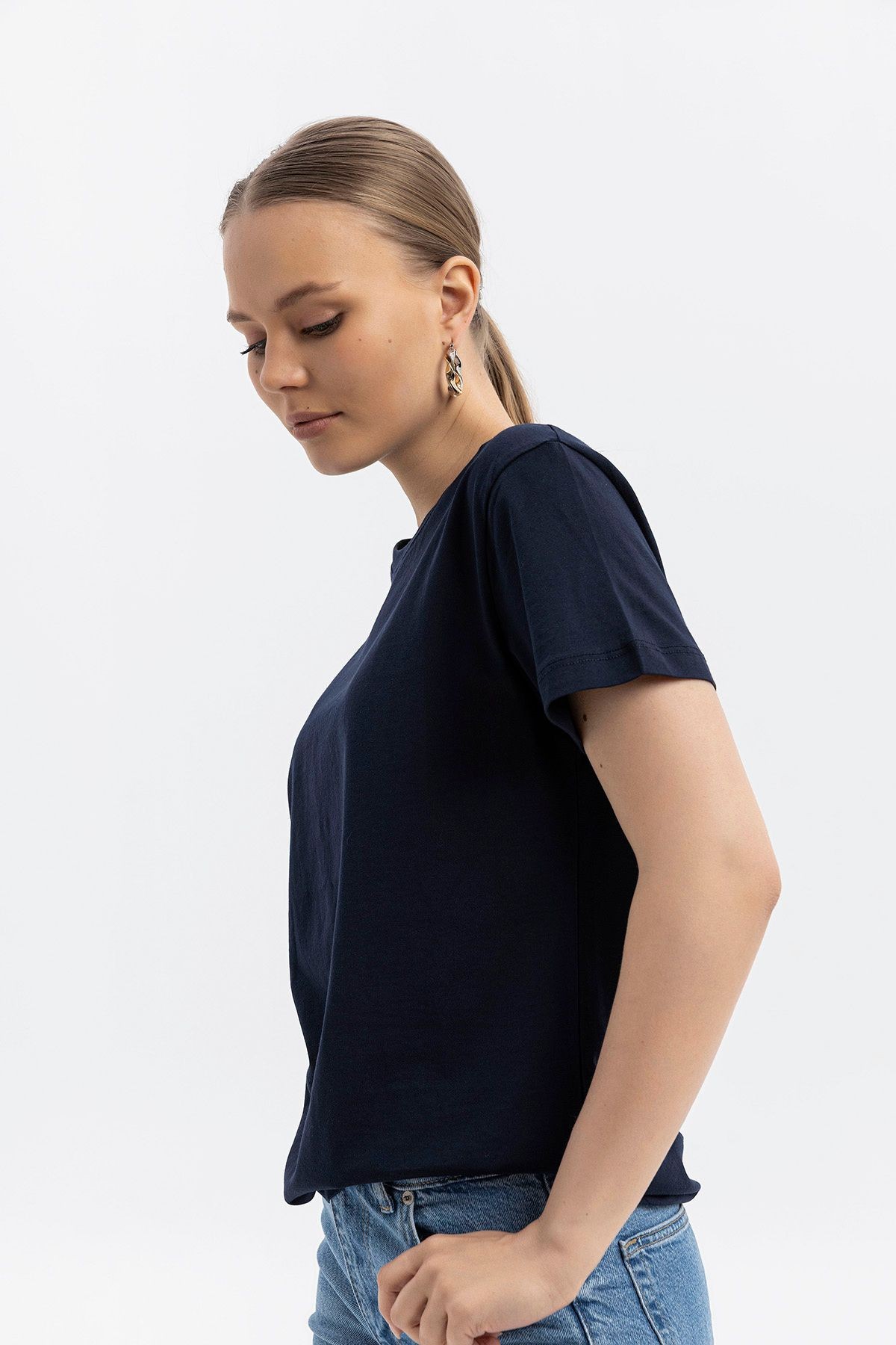 Bisiklet yaka Pamuklu normal fit Basic Kısakol T-shirt LACİVERT