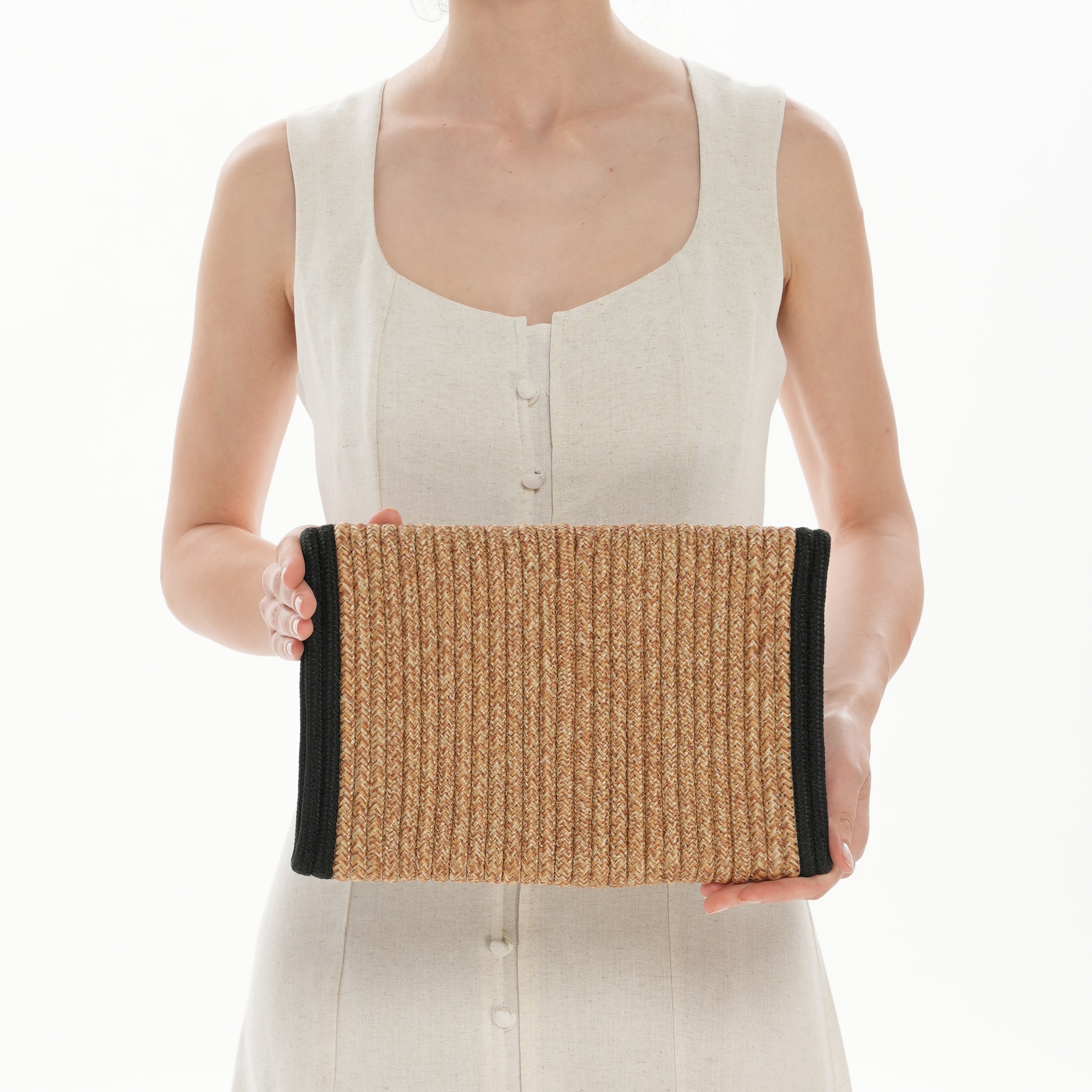 Biye Detaylı Hasır Görünümlü Clutch Çanta – El Geçmeli, Yazlık Model