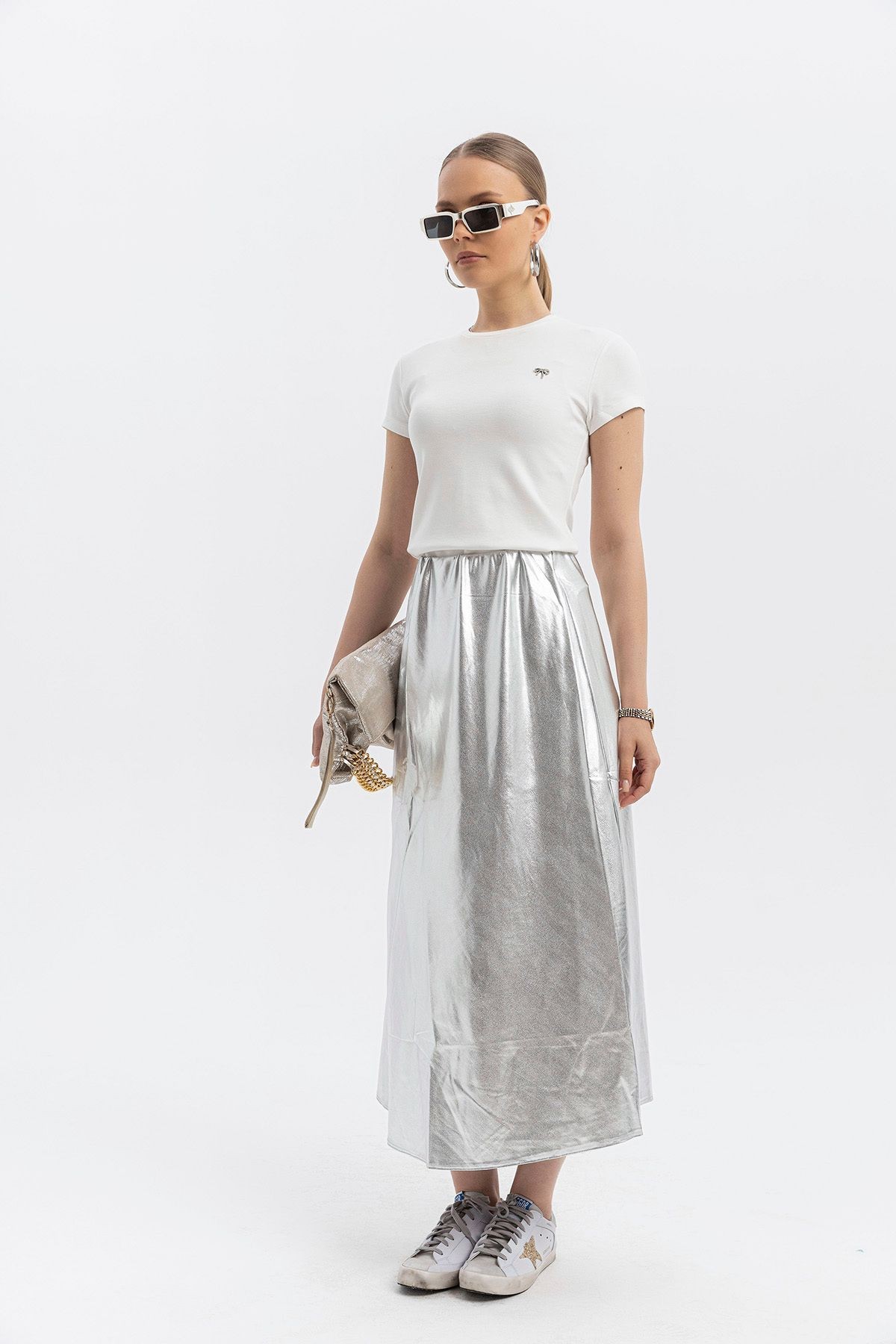 Silver Metalik Trendy Maxi Etek-Beli lastikli