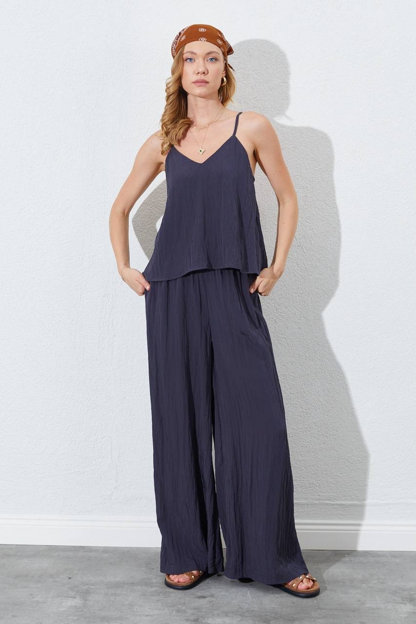 İnce Askılı Bluz-Pantolon Takım Kırışık Relaxed Fit
