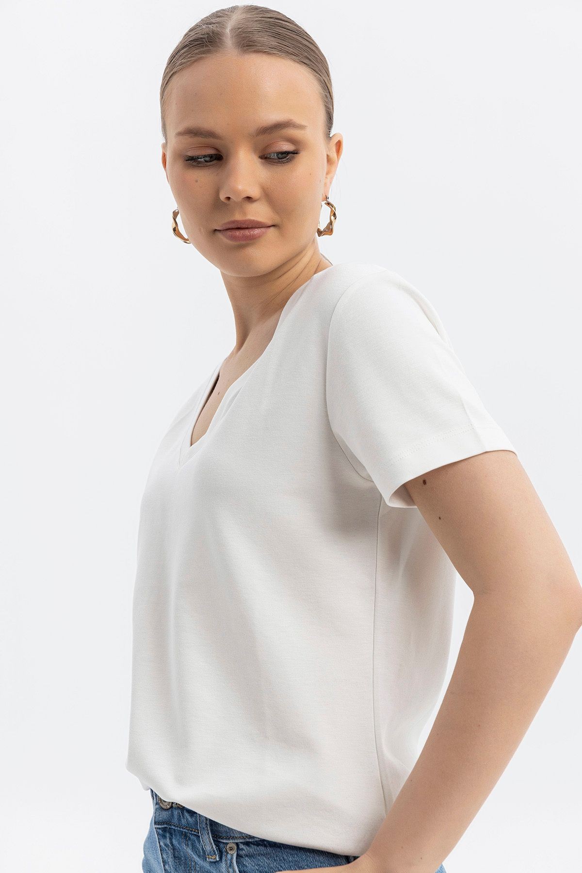 V yaka Cloudtouch yumuşak Basic Kısakol T-shirt