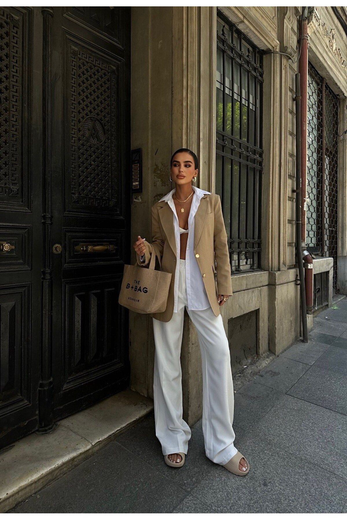 Blazer Keten Ceket-İki Gold düğmeli - CAMEL