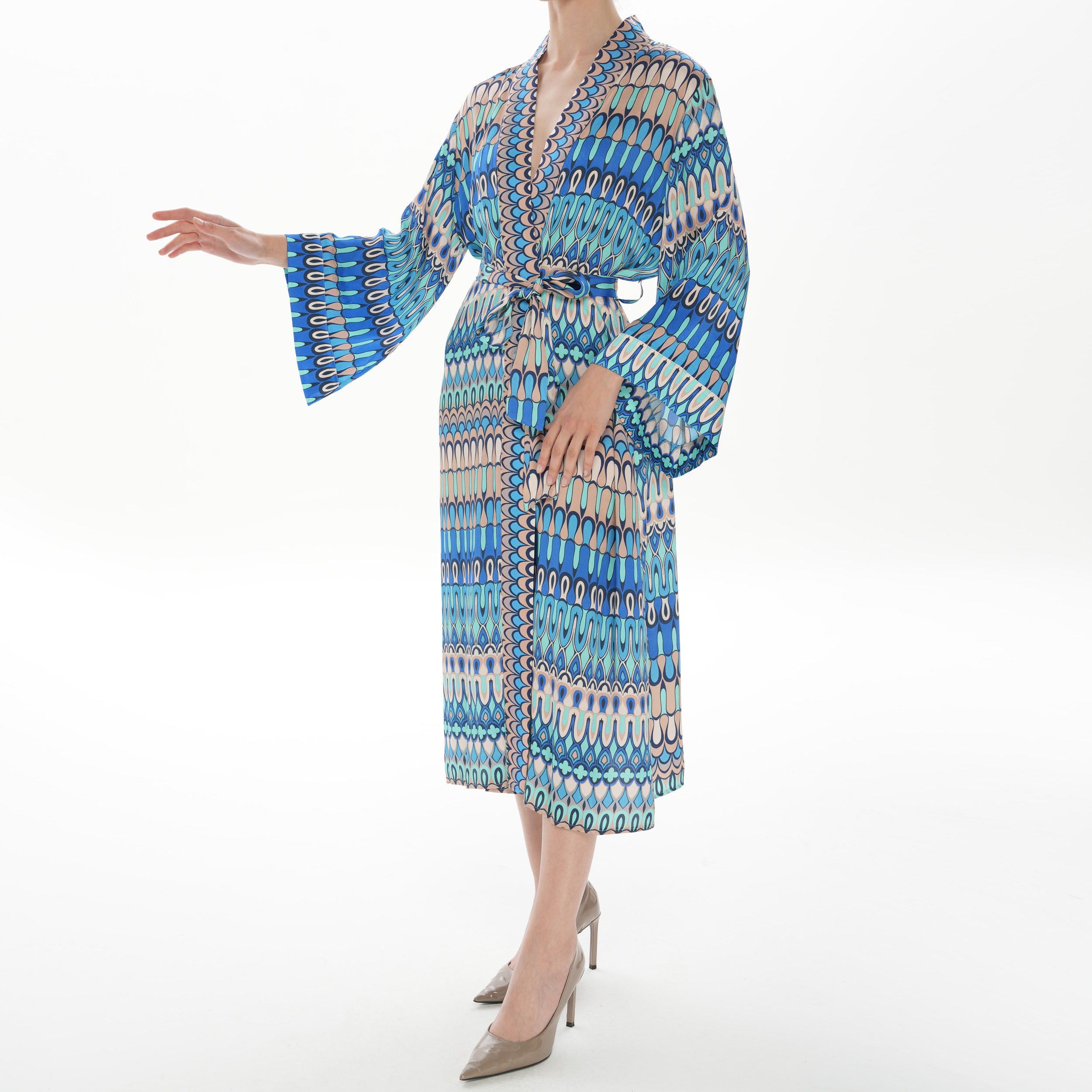 %100 Viskon Desenli Saten Premium Kimono – Kuşaklı & Uzun