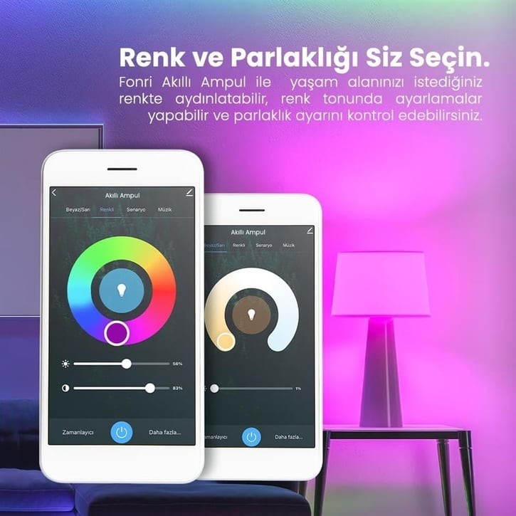 Akıllı Led Ampul, 9w, Titreşimsiz, 16.7 Milyon Renk, Sesli Kontrol, Wifi Kontrol, 2 Yıl Garantili