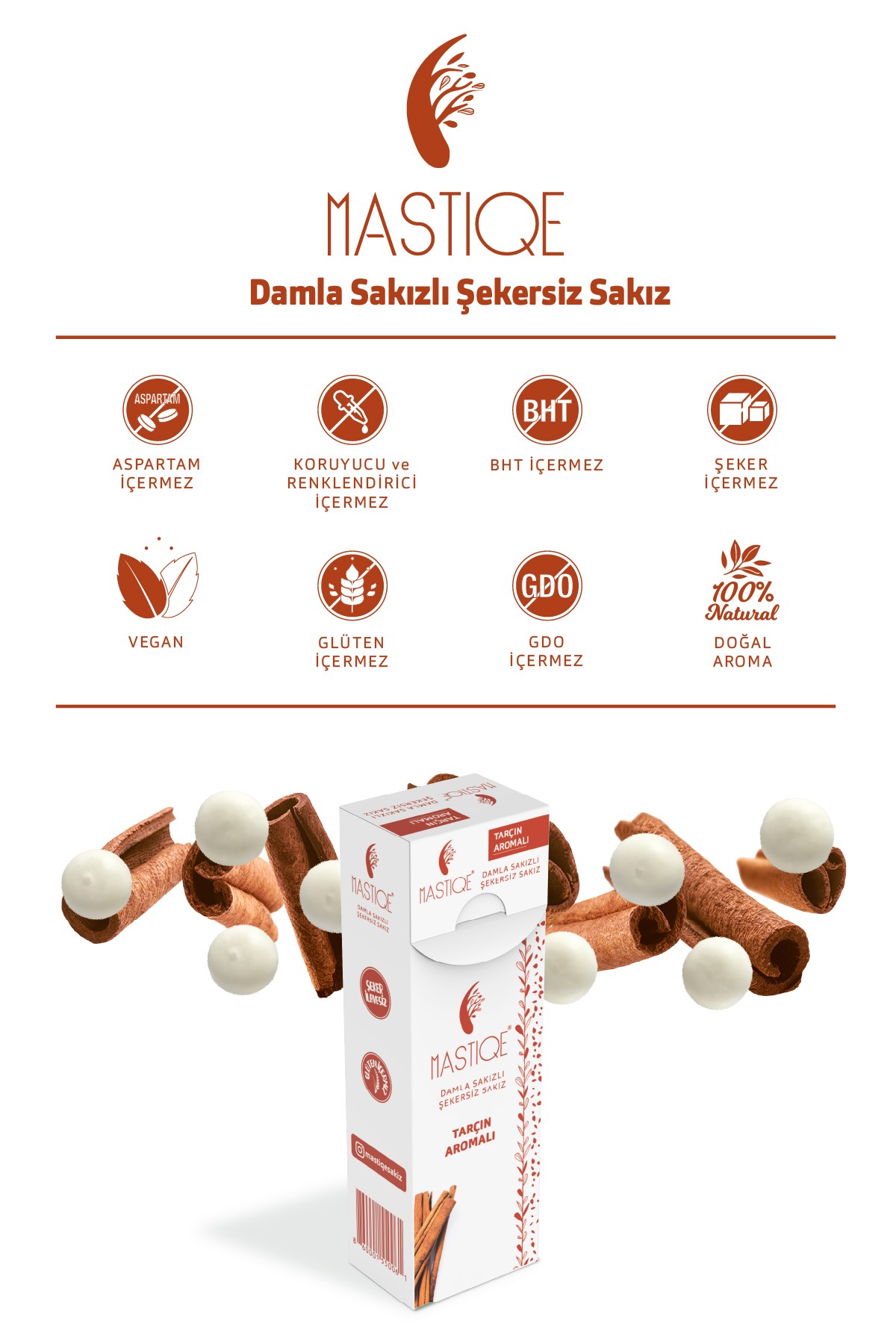 Doğal Tarçın Aromalı Damla Sakızlı Şekersiz Sakız 20 Grx12 Adet 0 image