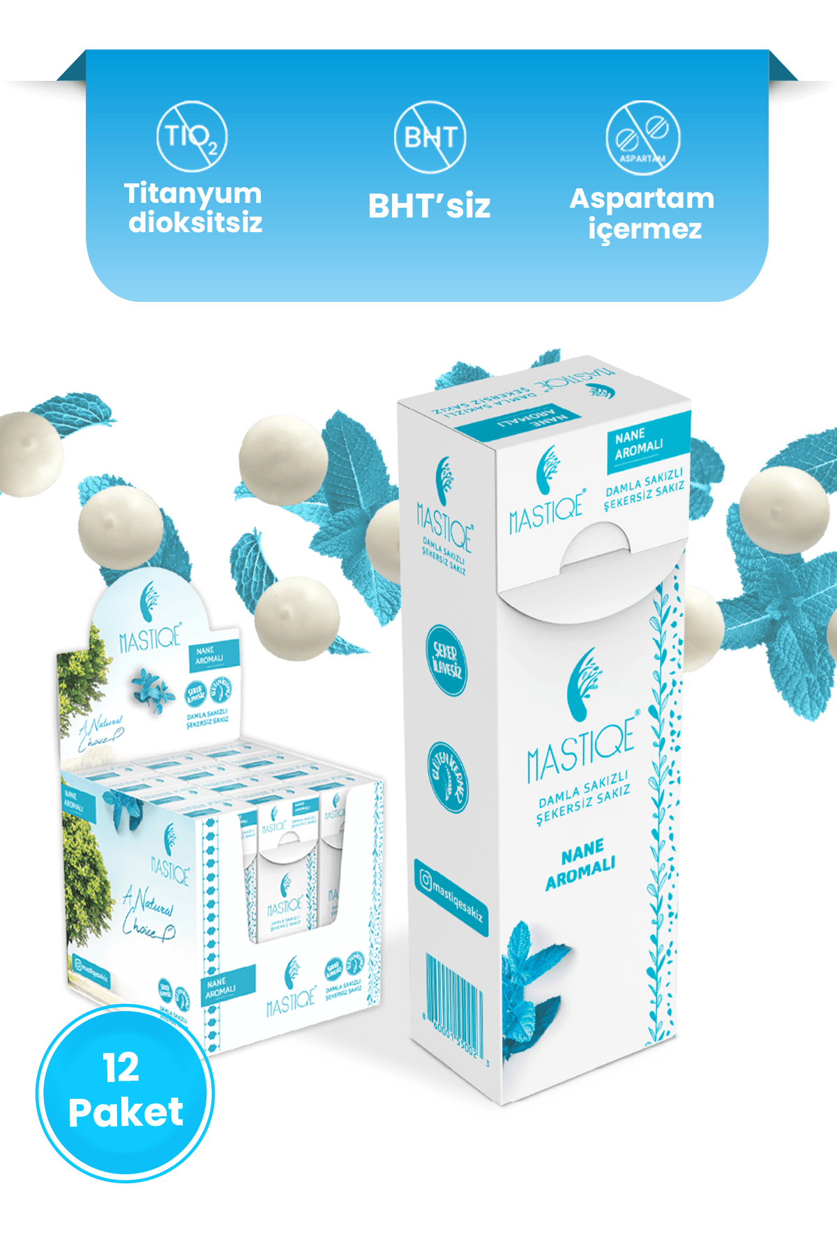 Doğal Nane Aromalı Damla Sakızlı Şekersiz Sakız 20 Grx12 Adet