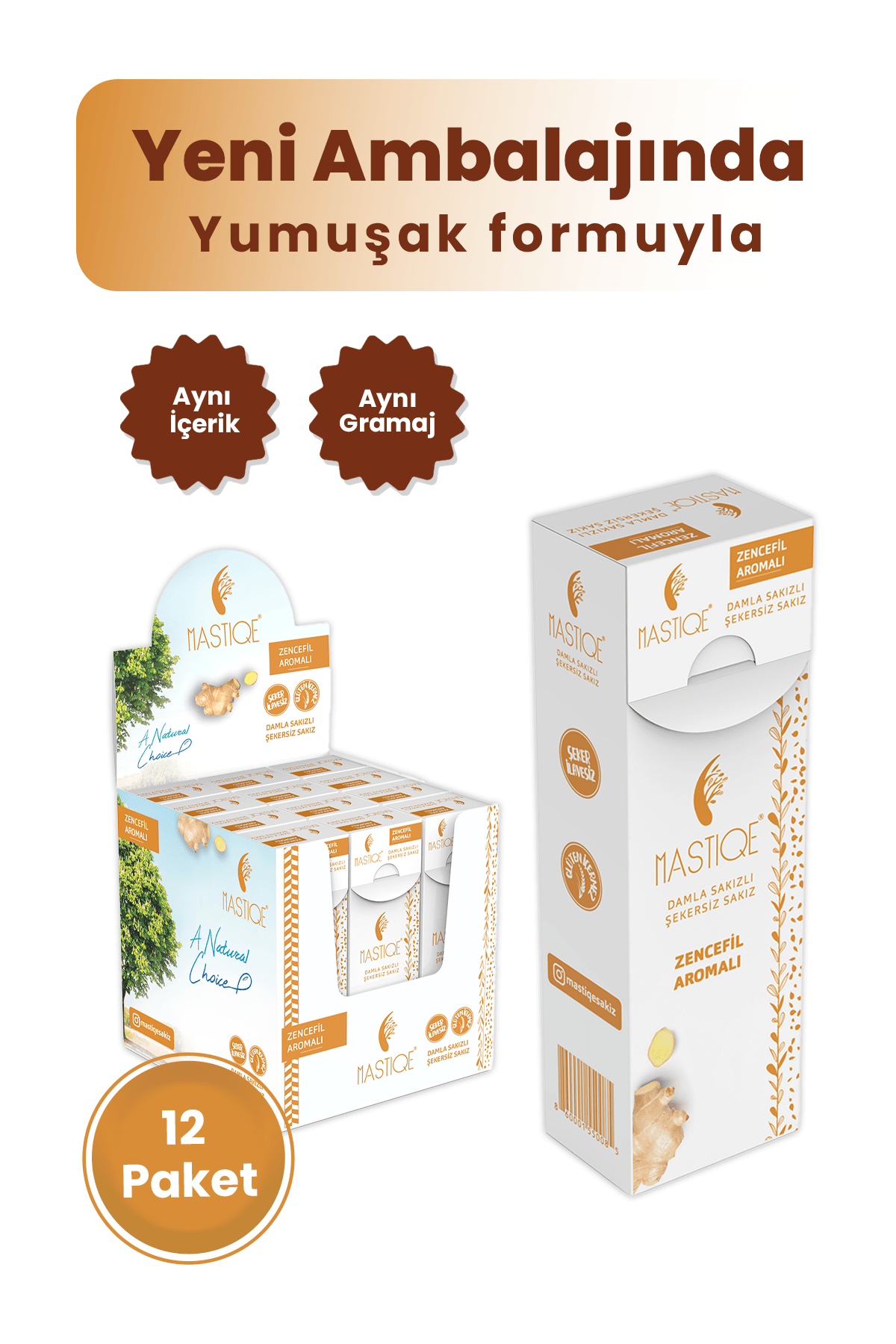Doğal Zencefil Aromalı Damla Sakızlı Şekersiz Sakız 20 Grx12 Adet