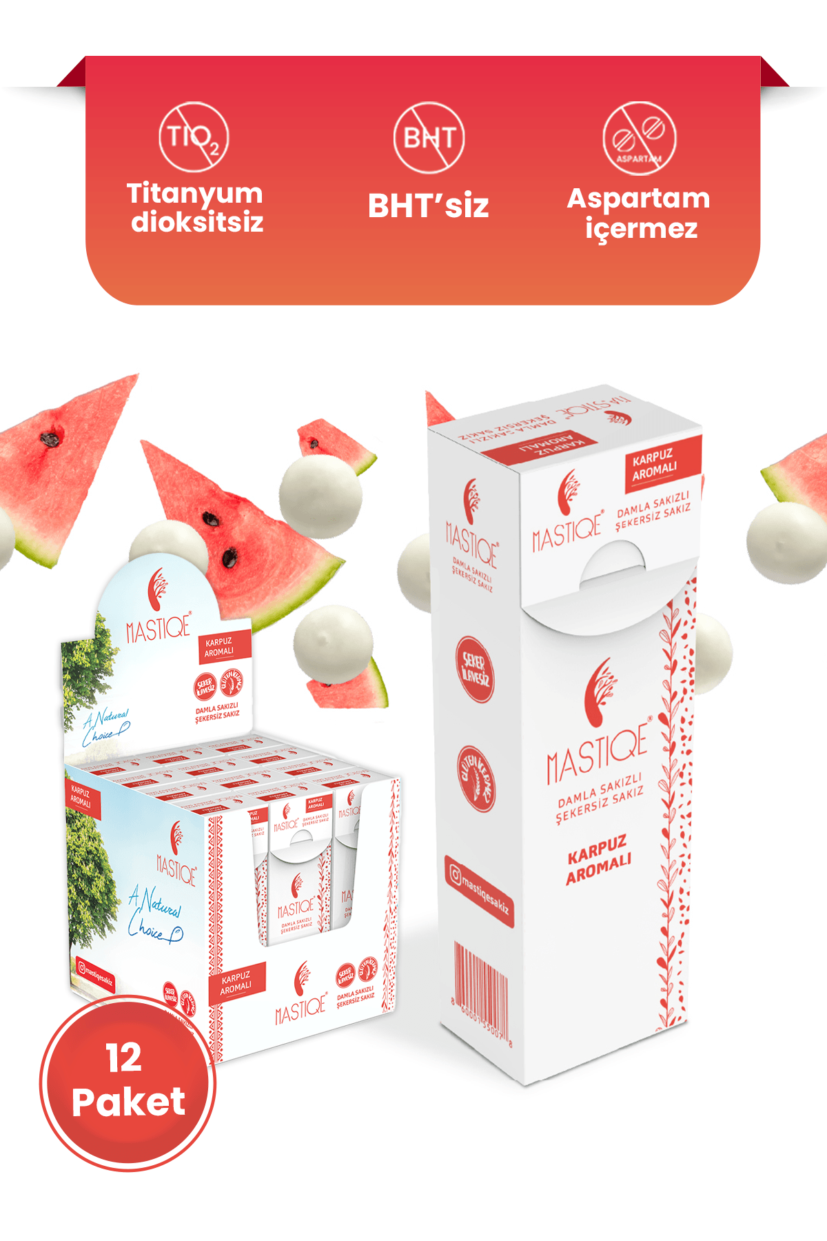 Doğal Karpuz Aromalı Damla Sakızlı Şekersiz Sakız 20 Grx12 Adet