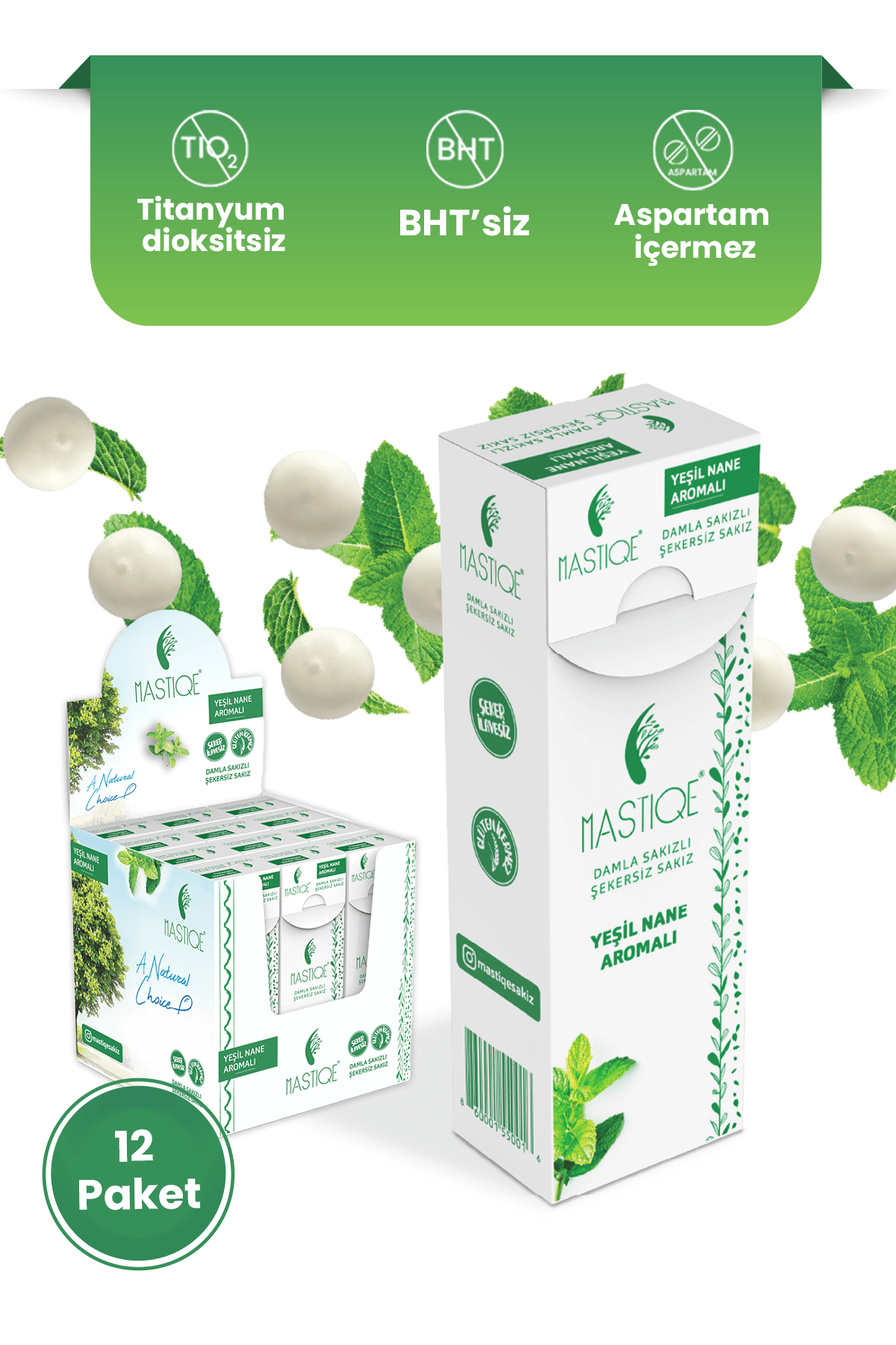 Doğal Yeşil Nane Aromalı Damla Sakızlı Şekersiz Sakız 20 Grx12 Adet