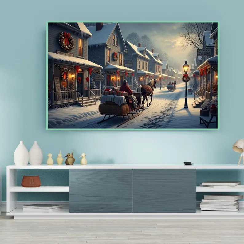 Samsung Çerçeve TV Kış Köyü Çerçeve TV Sanatı, Atlı Tatil Noel Sahnesi, Karlı Sokak Dijital İndirme