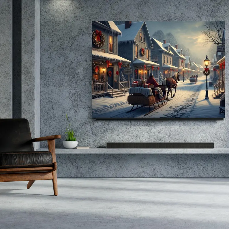 Samsung Çerçeve TV Kış Köyü Çerçeve TV Sanatı, Atlı Tatil Noel Sahnesi, Karlı Sokak Dijital İndirme