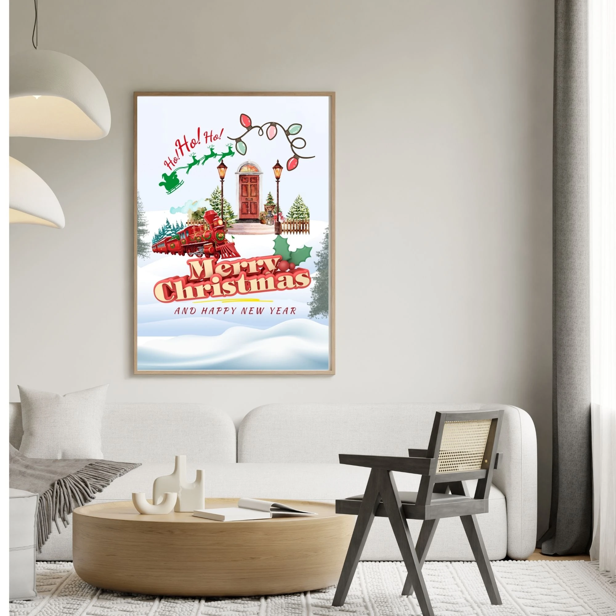Mutlu Noeller Baskısı, Dijital İndirme, Noel Baba ve Tren Sanatı, Çocuklar İçin Tatil Dekoru, Yazdırılabilir tablo