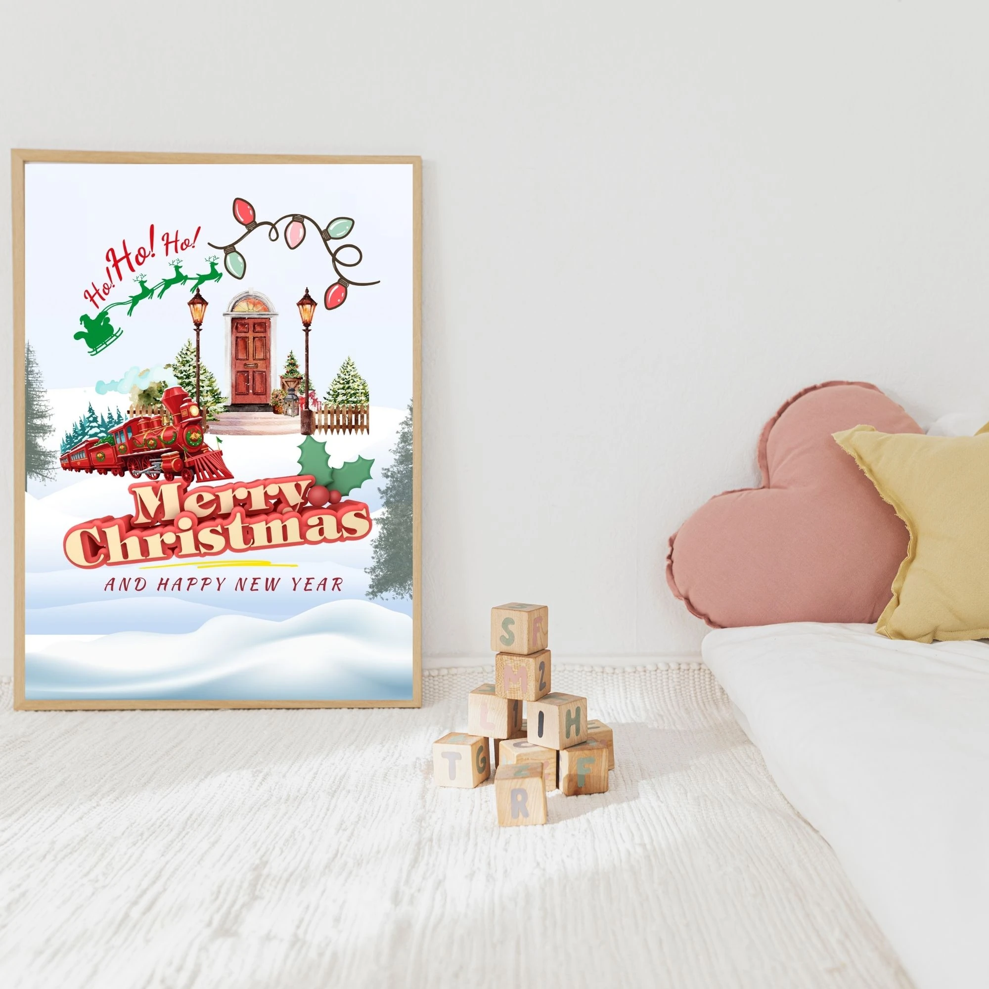 Mutlu Noeller Baskısı, Dijital İndirme, Noel Baba ve Tren Sanatı, Çocuklar İçin Tatil Dekoru, Yazdırılabilir tablo