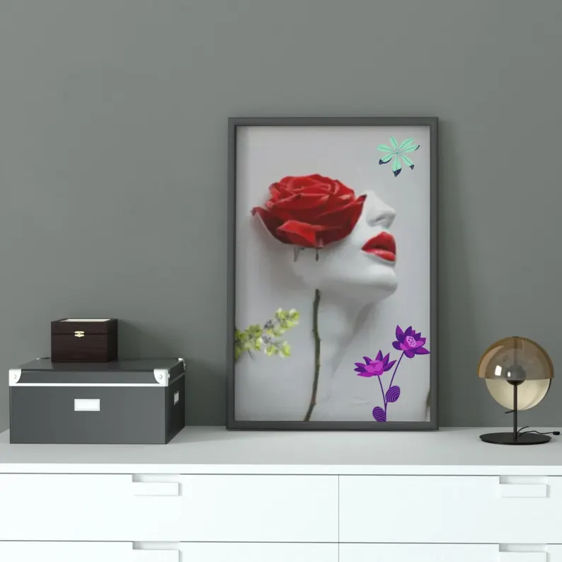 Çağdaş sanat, Kırmızı Gül Yüz Heykeli, Modern 3D Çiçek Maskesi (Dijital İndirme)