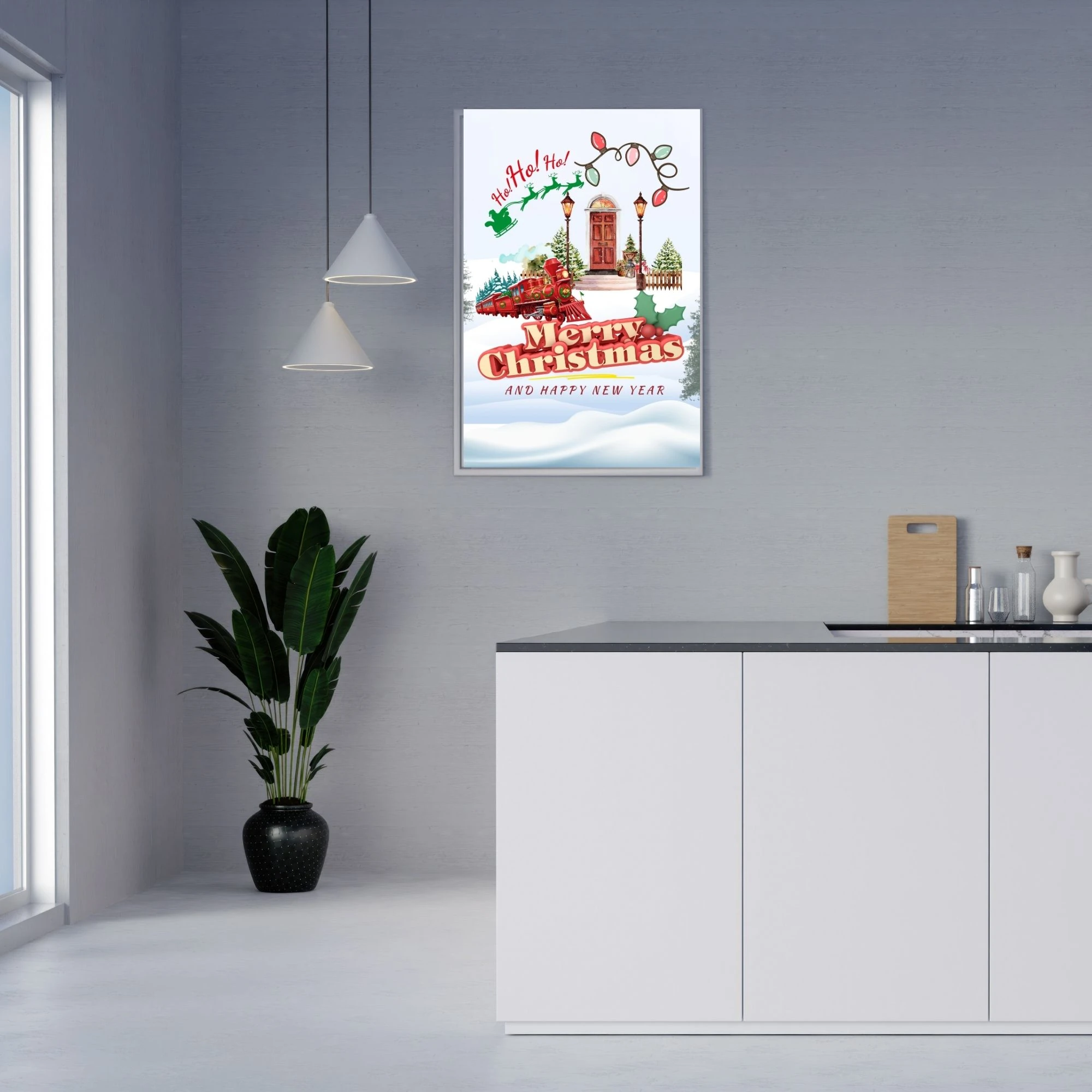 Mutlu Noeller Baskısı, Dijital İndirme, Noel Baba ve Tren Sanatı, Çocuklar İçin Tatil Dekoru, Yazdırılabilir tablo