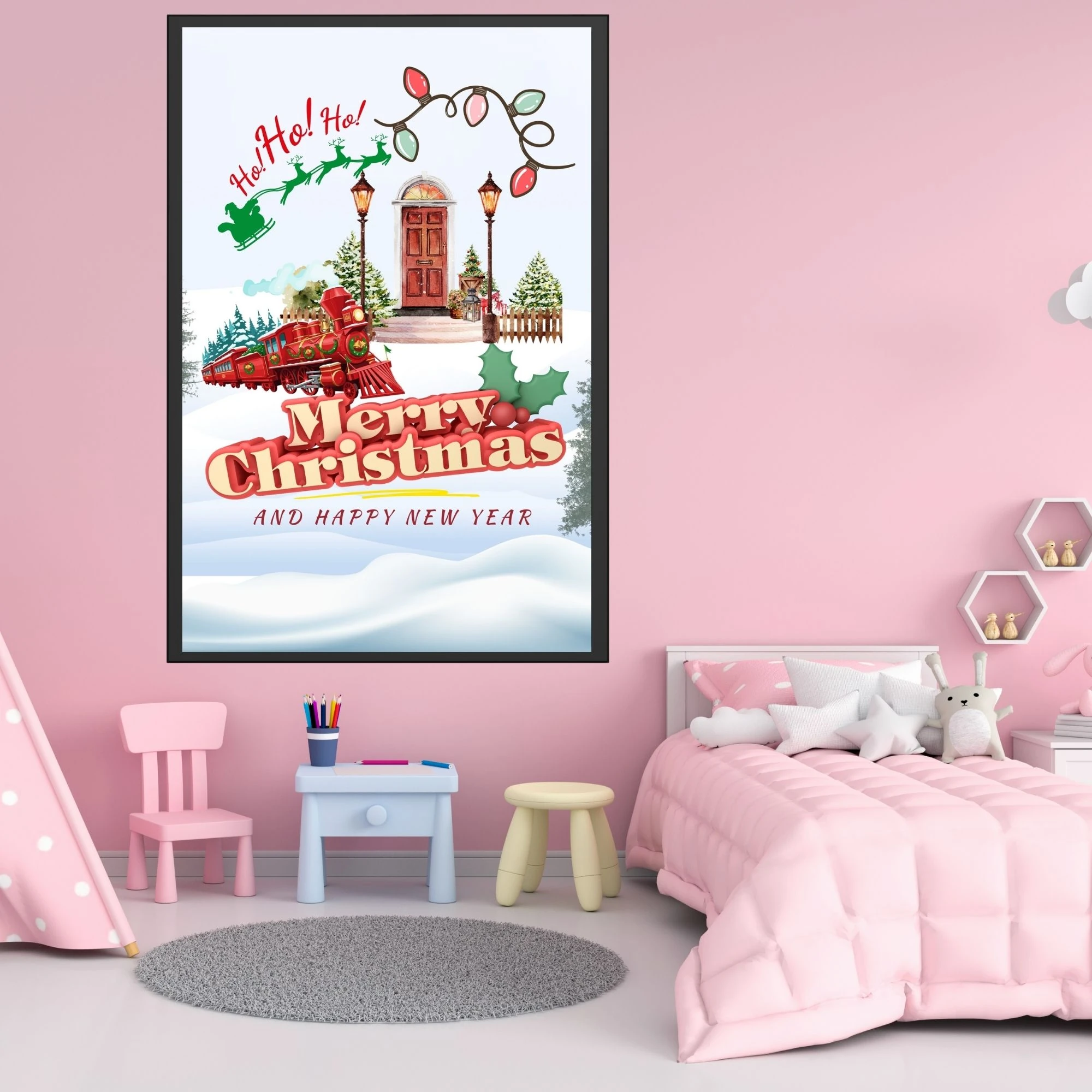 Mutlu Noeller Baskısı, Dijital İndirme, Noel Baba ve Tren Sanatı, Çocuklar İçin Tatil Dekoru, Yazdırılabilir tablo