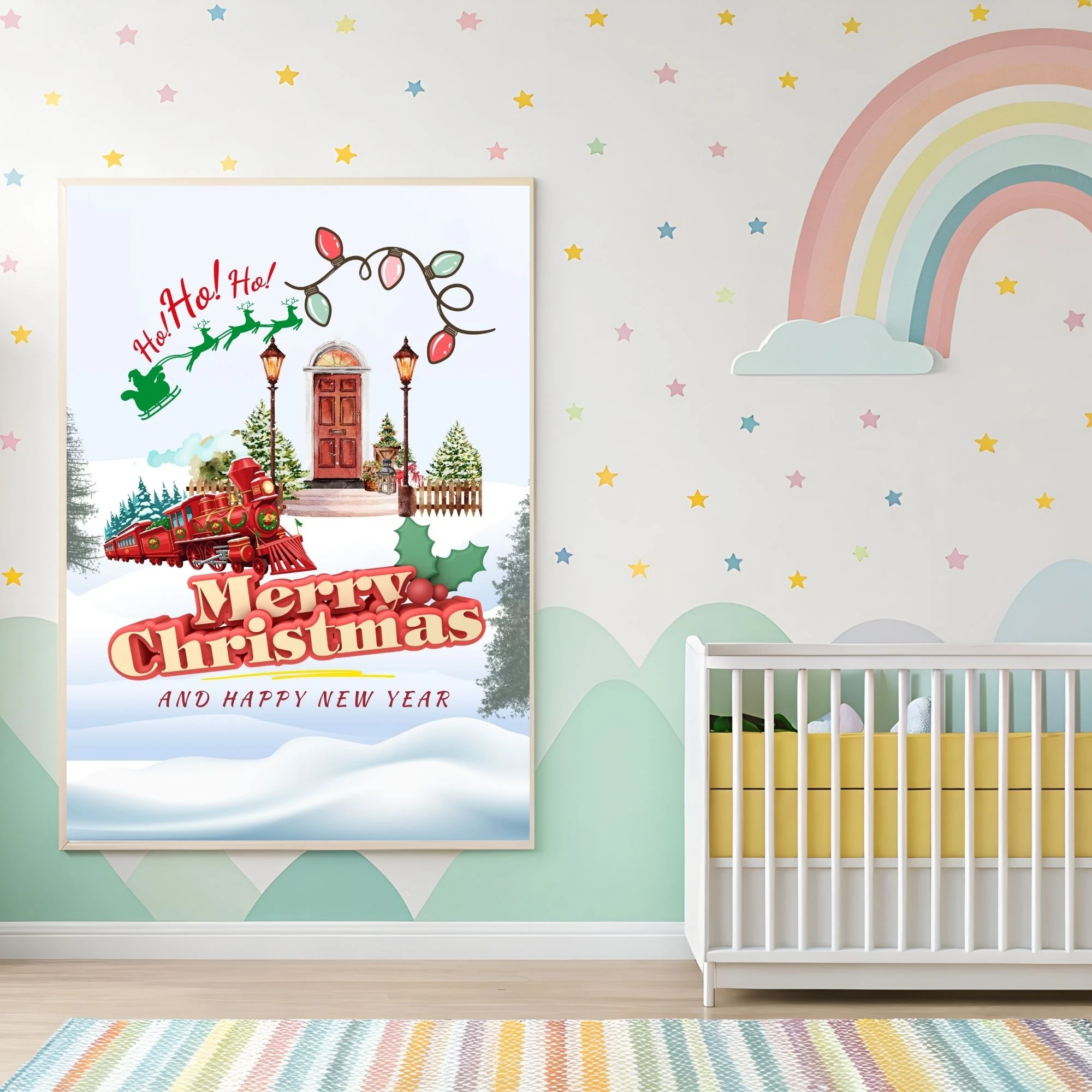 Mutlu Noeller Baskısı, Dijital İndirme, Noel Baba ve Tren Sanatı, Çocuklar İçin Tatil Dekoru, Yazdırılabilir tablo