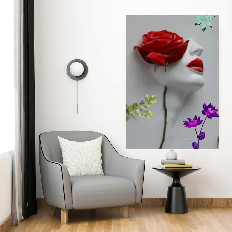 Çağdaş sanat, Kırmızı Gül Yüz Heykeli, Modern 3D Çiçek Maskesi (Dijital İndirme)