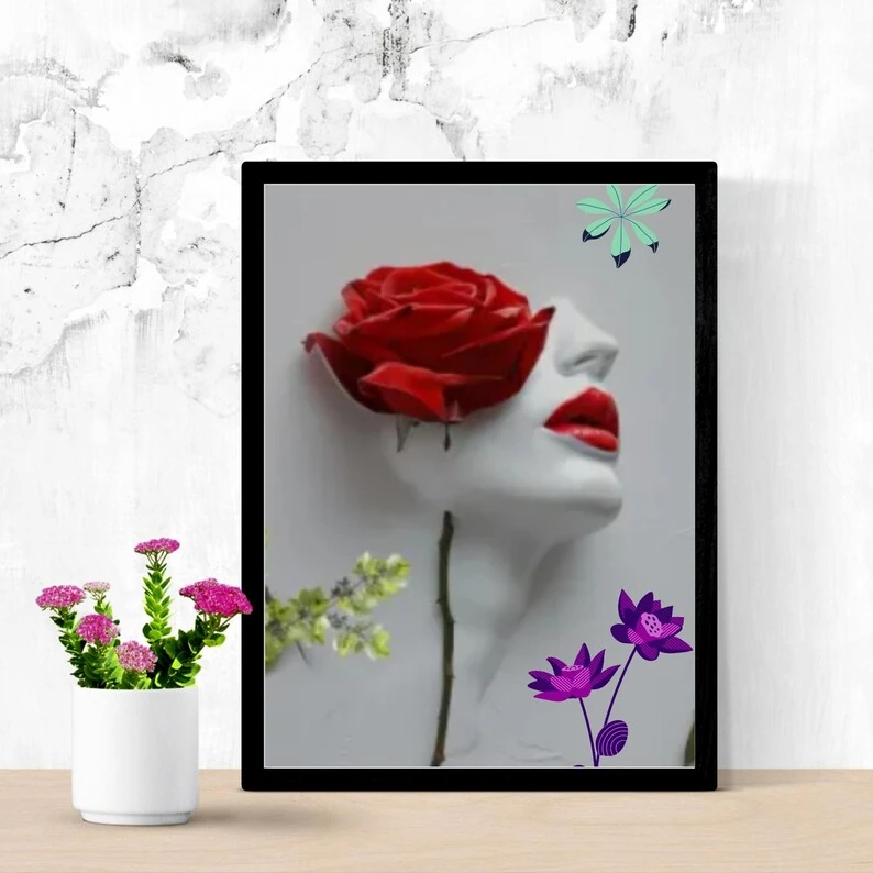 Çağdaş sanat, Kırmızı Gül Yüz Heykeli, Modern 3D Çiçek Maskesi (Dijital İndirme)