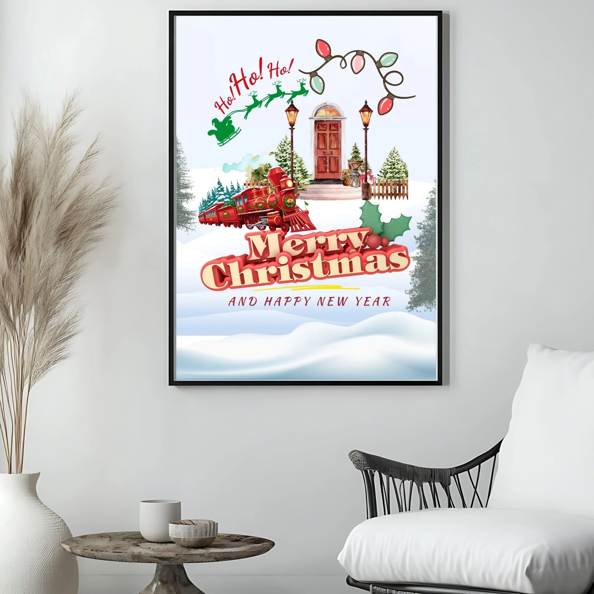 Mutlu Noeller Baskısı, Dijital İndirme, Noel Baba ve Tren Sanatı, Çocuklar İçin Tatil Dekoru, Yazdırılabilir tablo