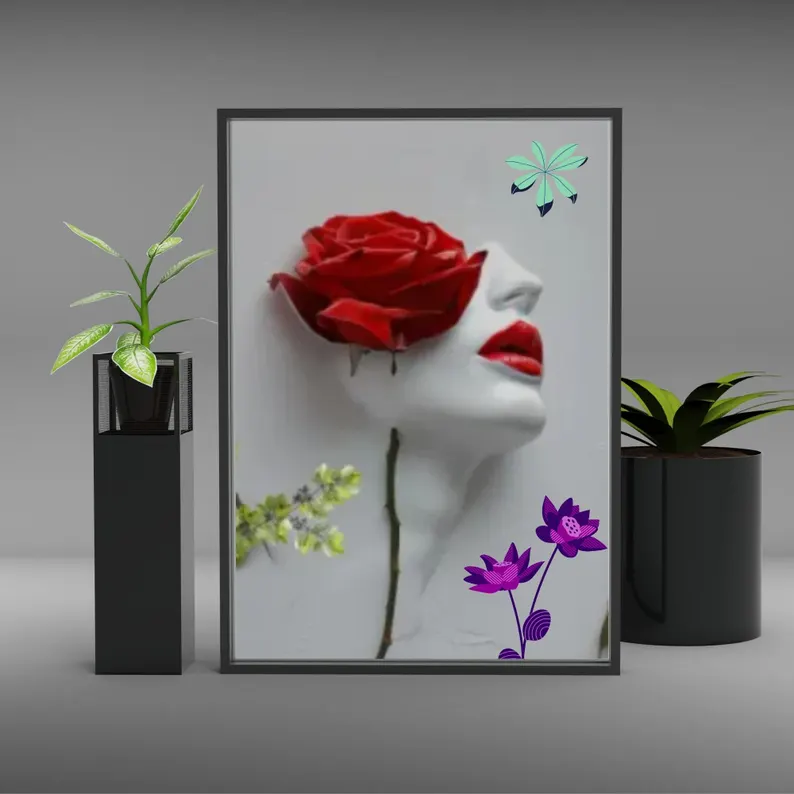Çağdaş sanat, Kırmızı Gül Yüz Heykeli, Modern 3D Çiçek Maskesi (Dijital İndirme)