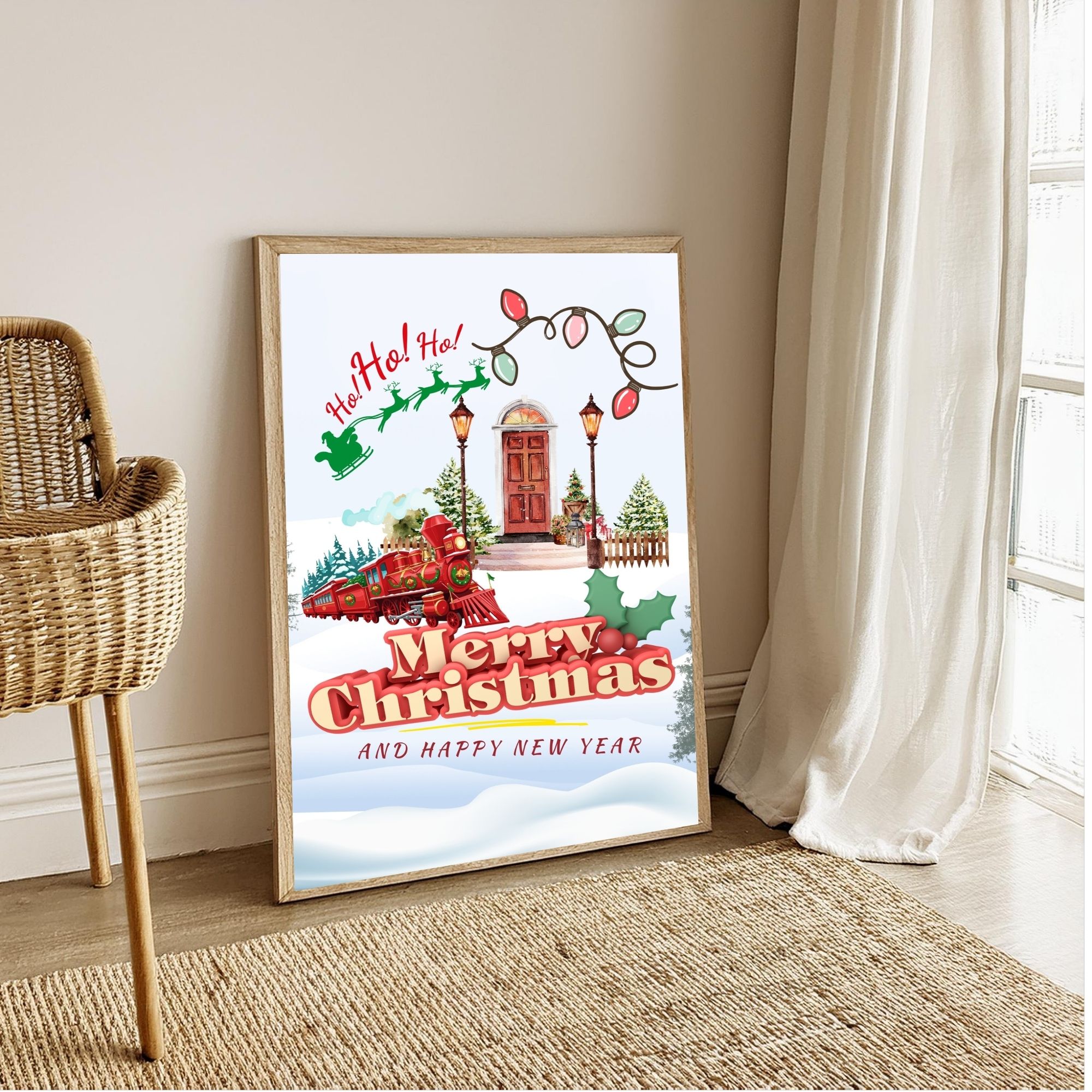 Mutlu Noeller Baskısı, Dijital İndirme, Noel Baba ve Tren Sanatı, Çocuklar İçin Tatil Dekoru, Yazdırılabilir tablo